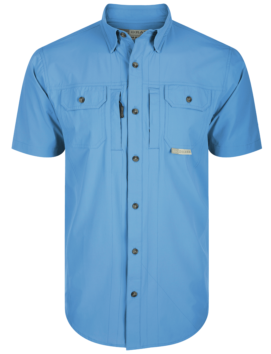 Image of Drake Waterfowl Wingshooter's Trey Button-Down Short-Sleeve Shirt - Marina Blue - S