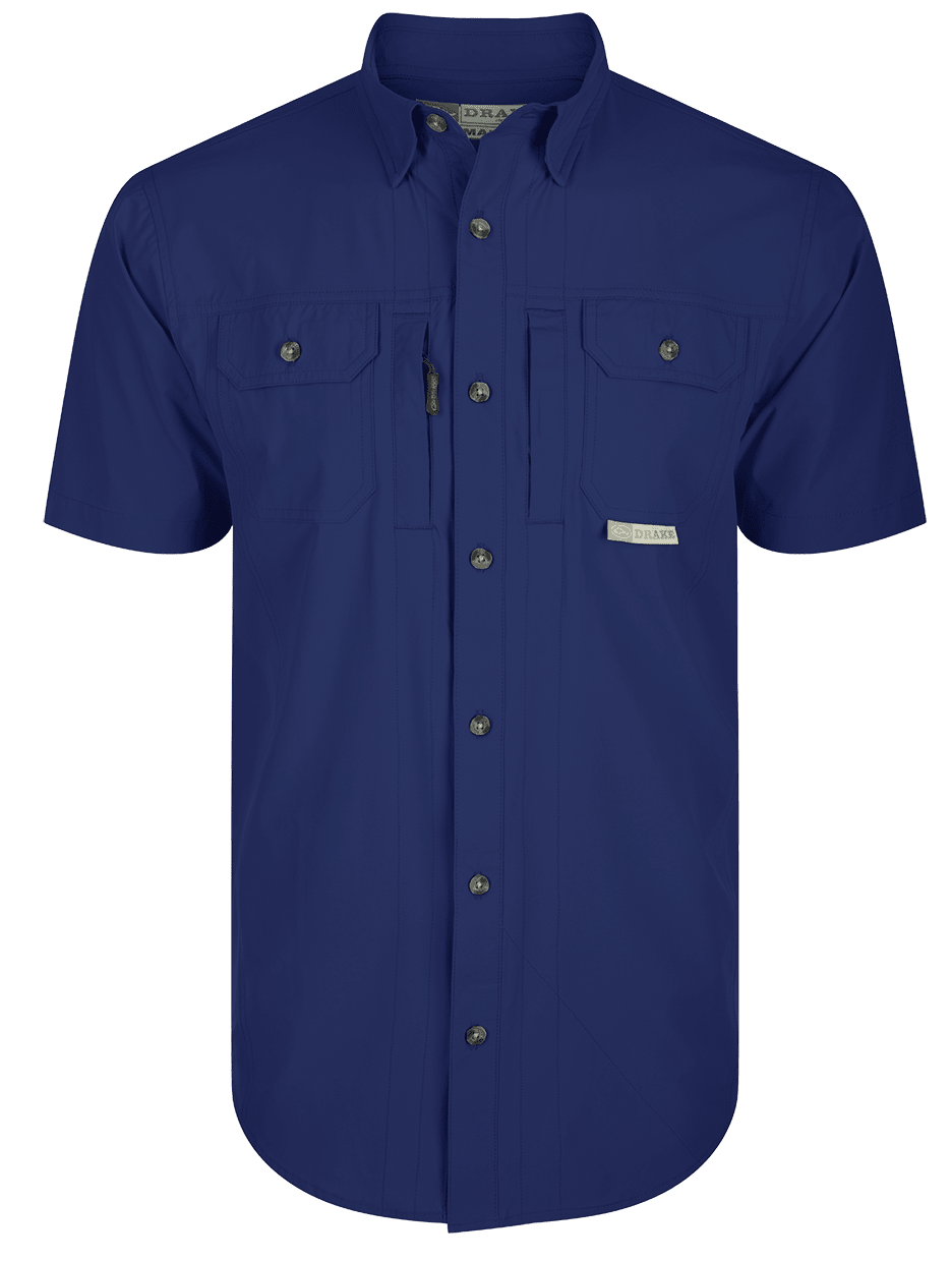 Image of Drake Waterfowl Wingshooter's Trey Button-Down Short-Sleeve Shirt - Blue Depths Navy