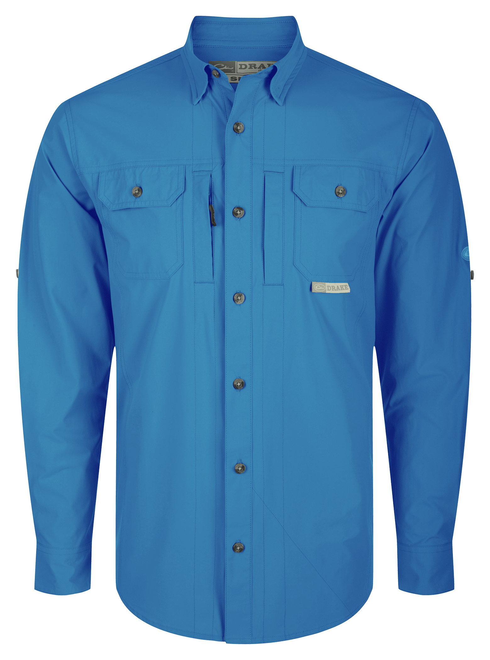 Image of Drake Waterfowl Wingshooter's Trey Button-Down Long-Sleeve Shirt - Marina Blue - M