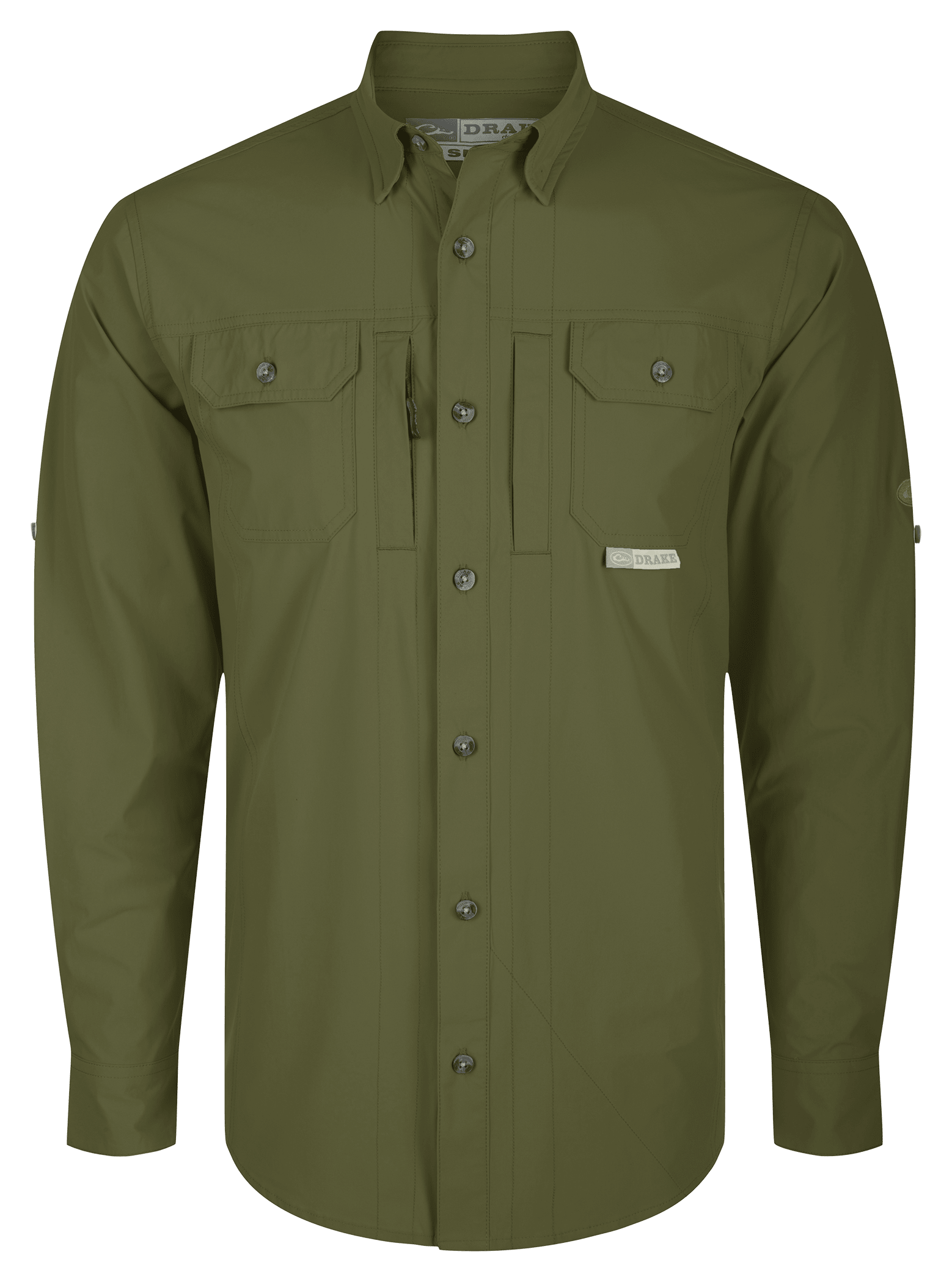 Image of Drake Waterfowl Wingshooter's Trey Button-Down Long-Sleeve Shirt - Kalamata Olive - S