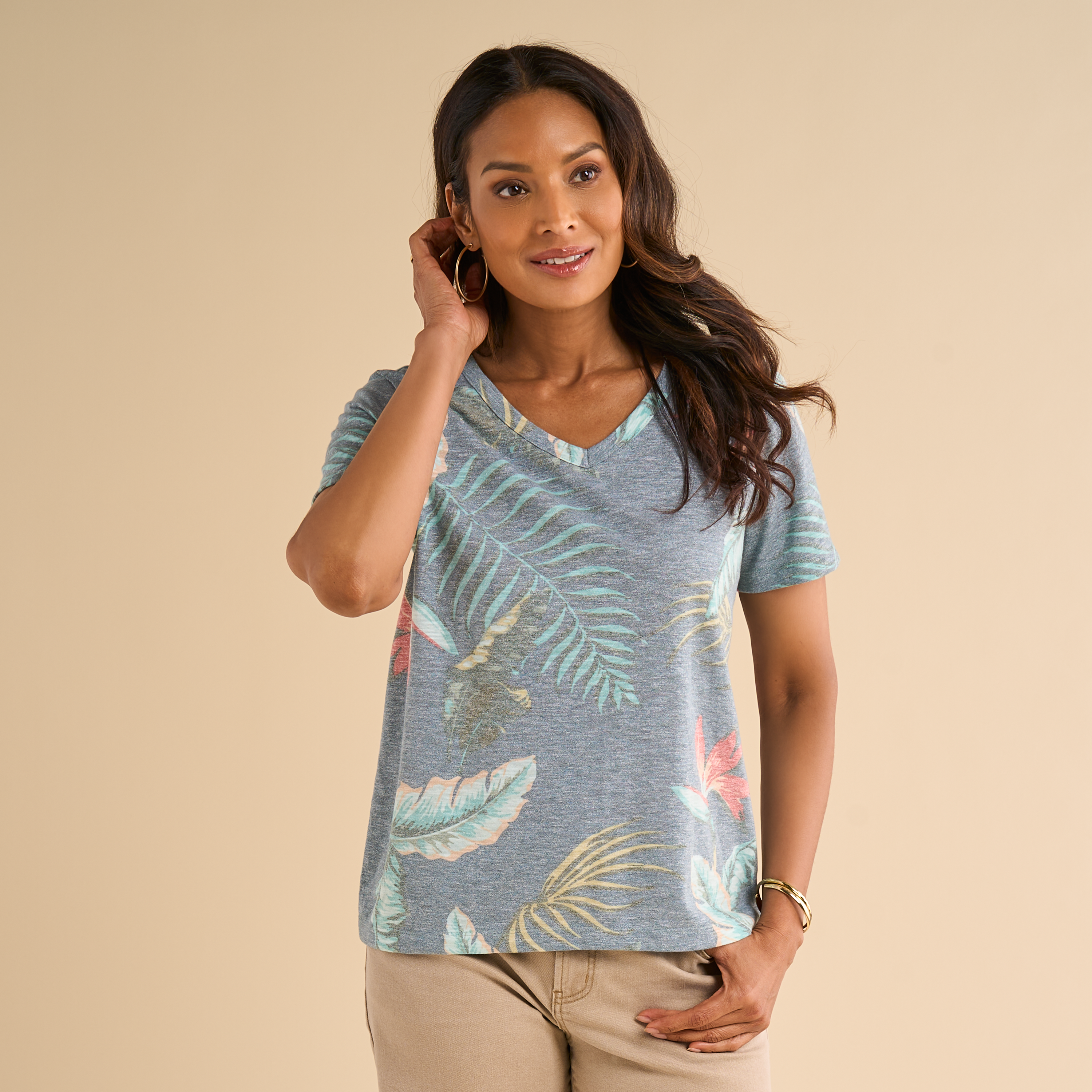 Image of Natural Reflections Tropical Print Short-Sleeve T-Shirt - Moonless Night