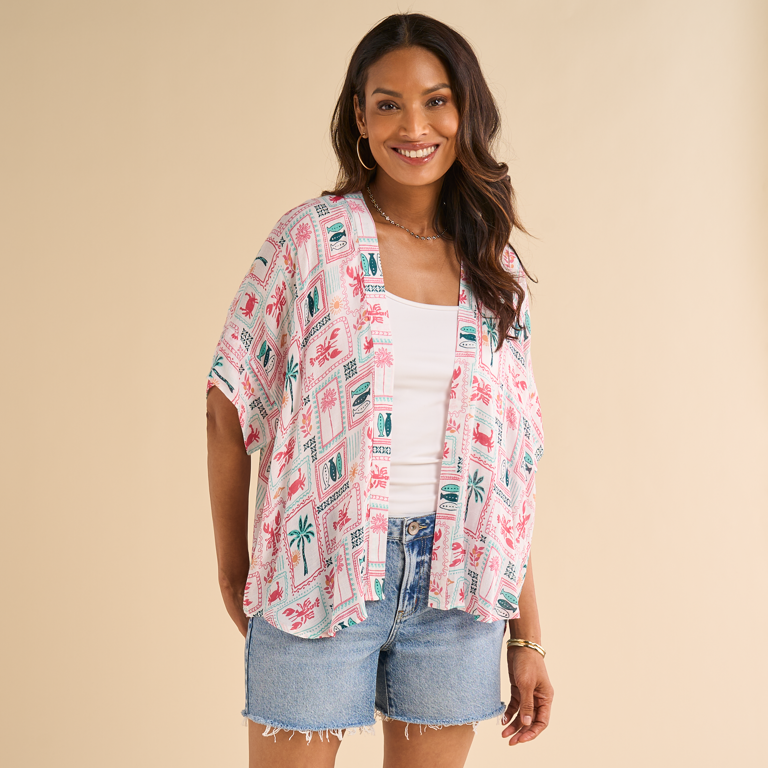 Image of Natural Reflections Fishermans Bay Short-Sleeve Kimono