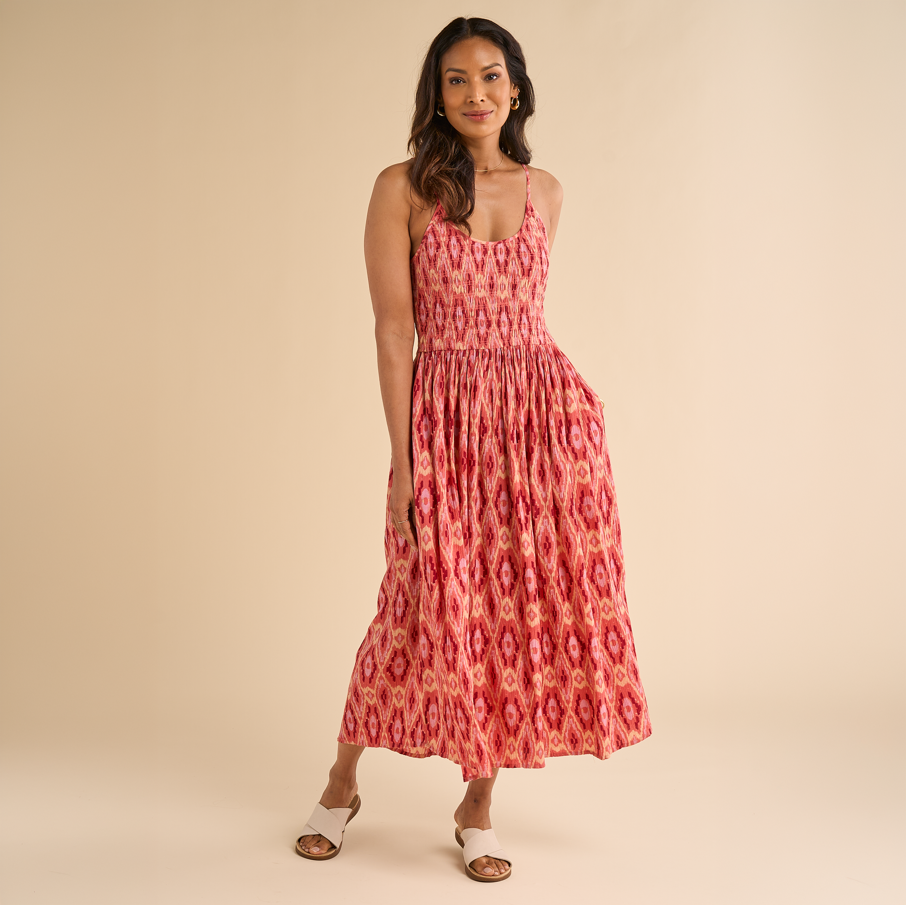 Image of Natural Reflections Batik Print Midi Dress - Spiced Coral