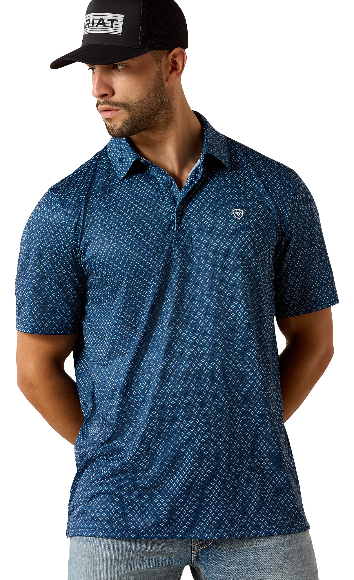 Image of Ariat All-Over Print Short-Sleeve Polo - Dark Denim Medallion