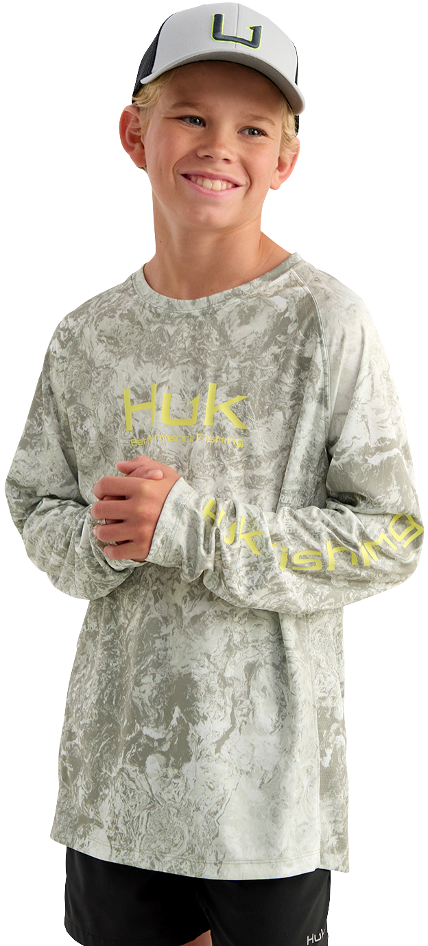 Image of Huk Pursuit Mossy Oak Performance Long-Sleeve Crew for Kids - Seagrass
