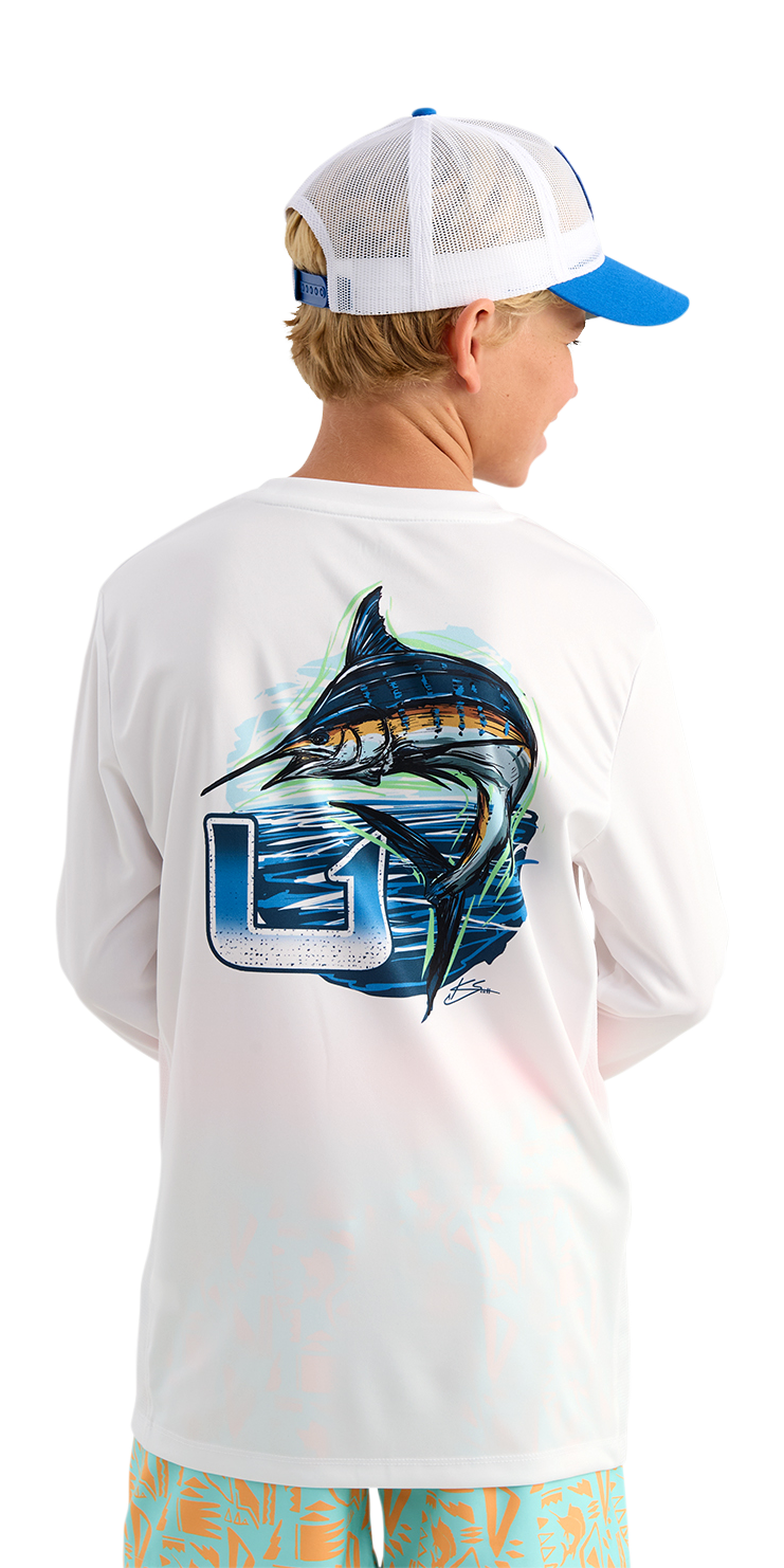 Image of Huk Pursuit KC Graphic Long-Sleeve Crew for Kids - White 6 Marlin