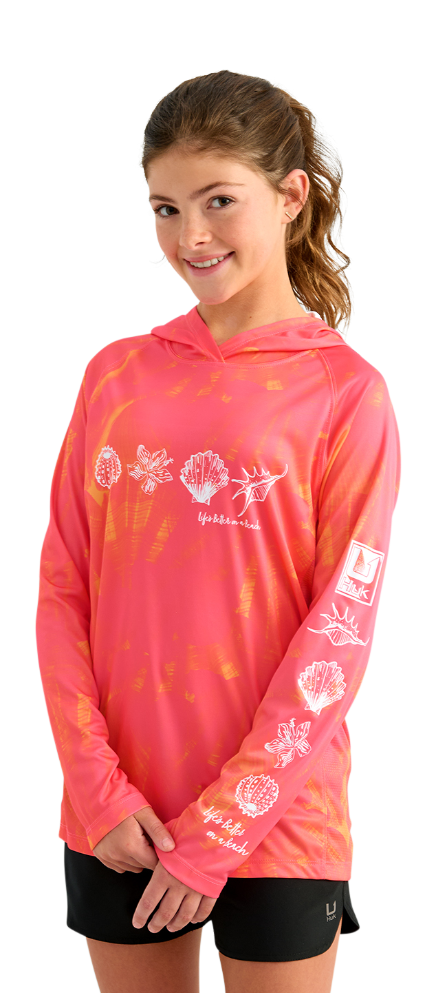 Image of Huk Pursuit Novelty Coral Performance Hoodie for Kids - Neon Coral