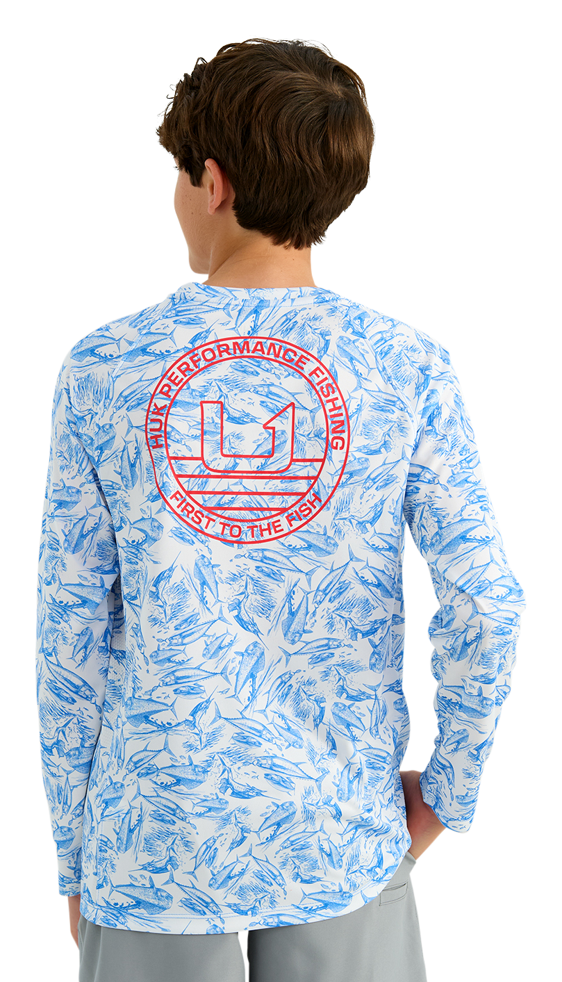 Image of Huk KC Printed Pursuit Performance Crew-Neck Long-Sleeve Shirt for Kids - Regatta