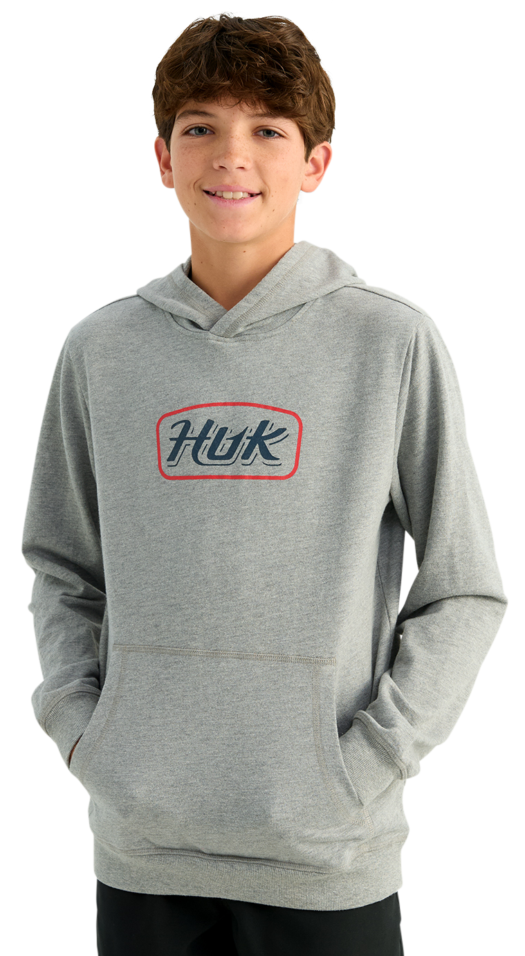 Image of Huk Edisto Script Terry Hoodie for Kids - Heather Grey