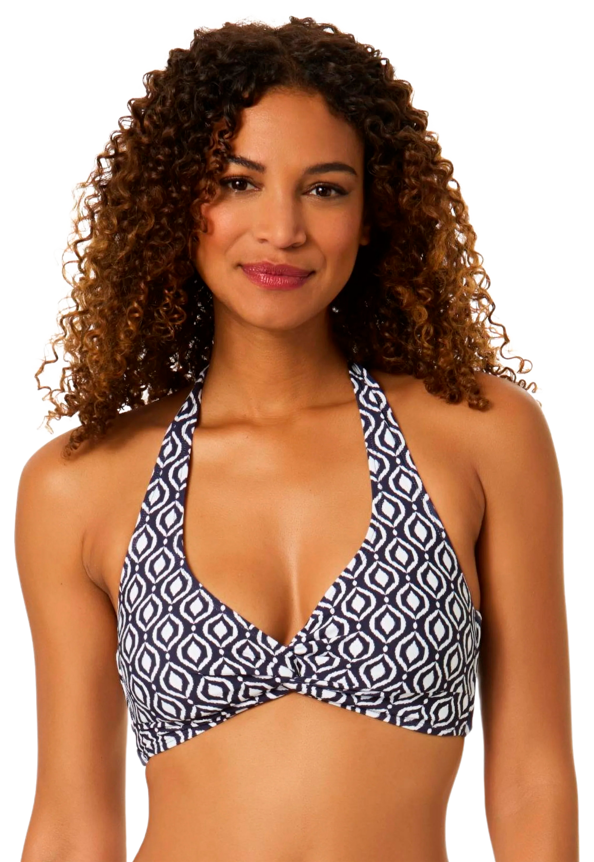 Image of Anne Cole Azzurra Geo Tie Back Twist Front Halter Bikini Top - Navy/White