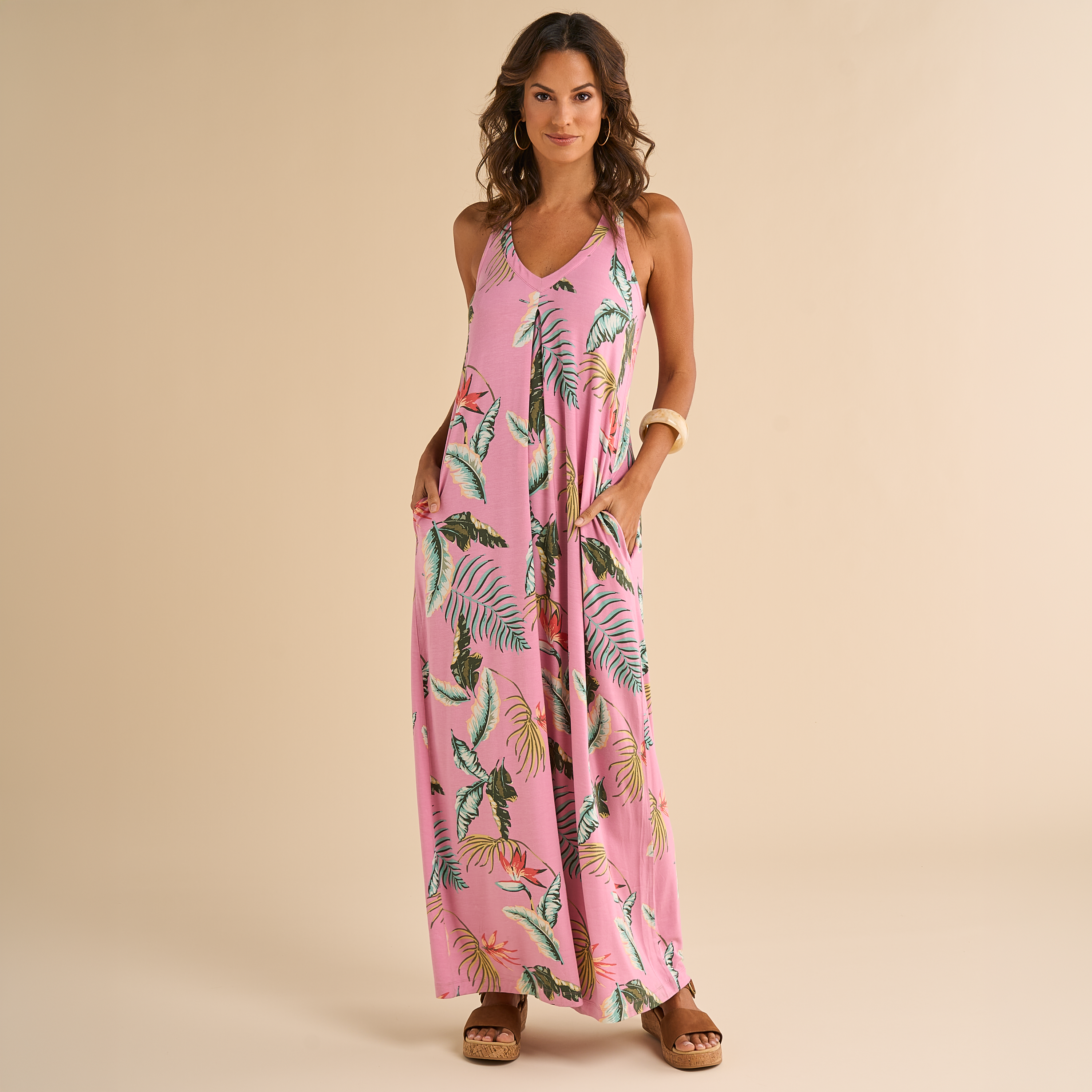 Image of Natural Reflections Tropical Print Maxi Dress - Cashmere Rose