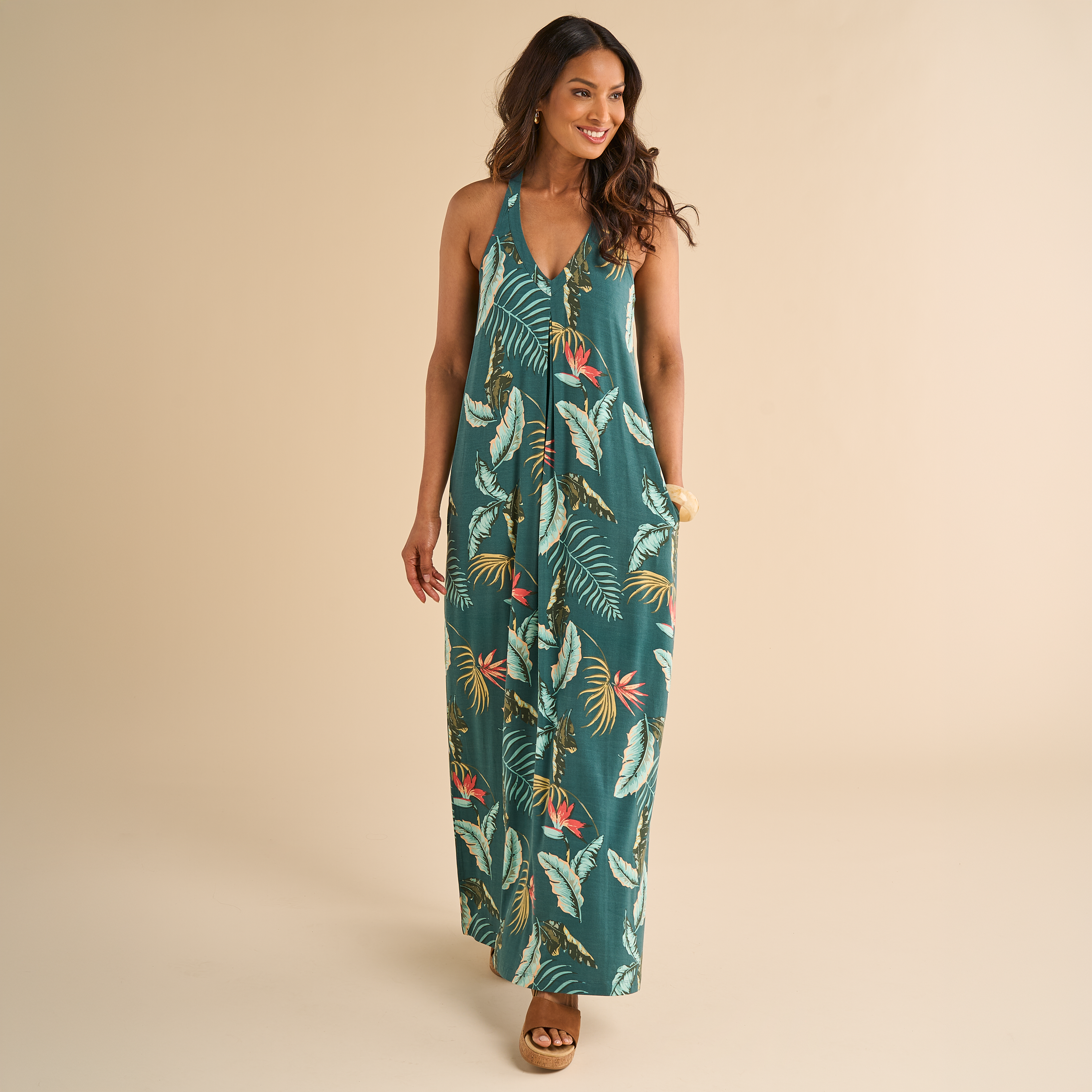 Image of Natural Reflections Tropical Print Maxi Dress - Mediterranea