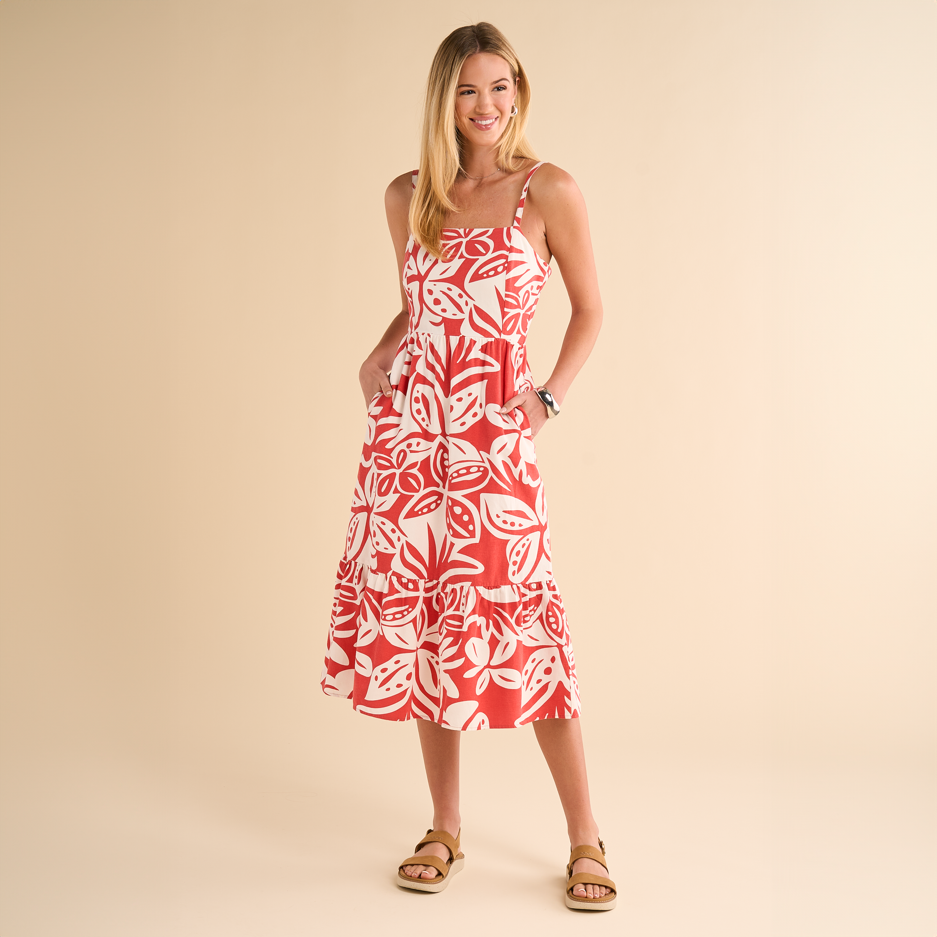 Image of Natural Reflections Tropical Print Midi Tier Dress - Spiced Coral