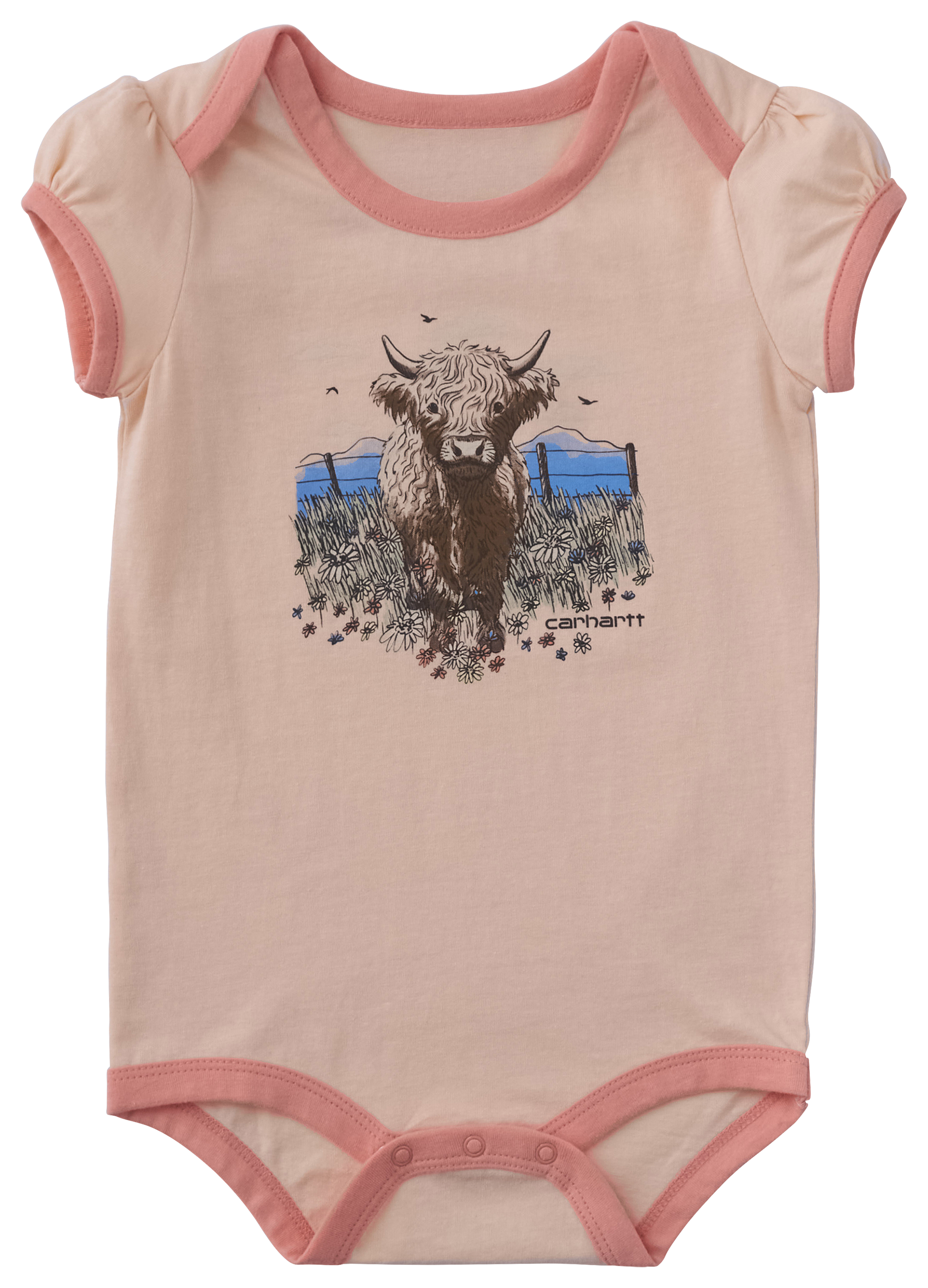 Image of Carhartt Highland Cow Graphic Short-Sleeve Bodysuit for Babies - Bleached Apricot