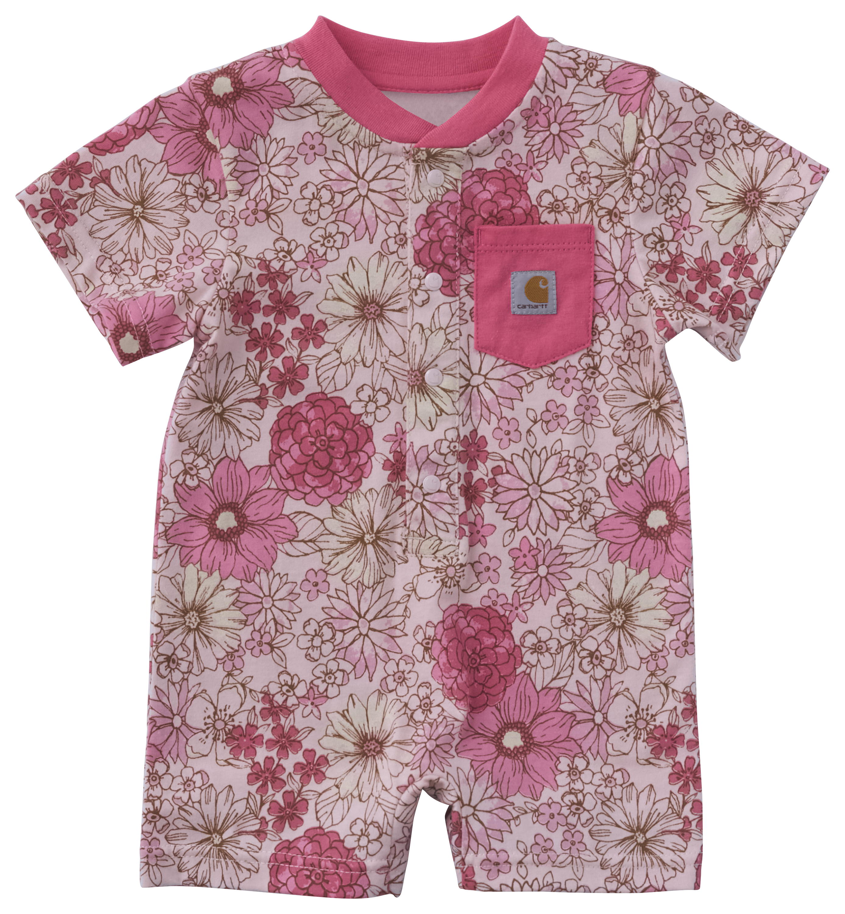 Image of Carhartt Floral Henley Short-Sleeve Pocket Romper for Babies - Rose Quartz