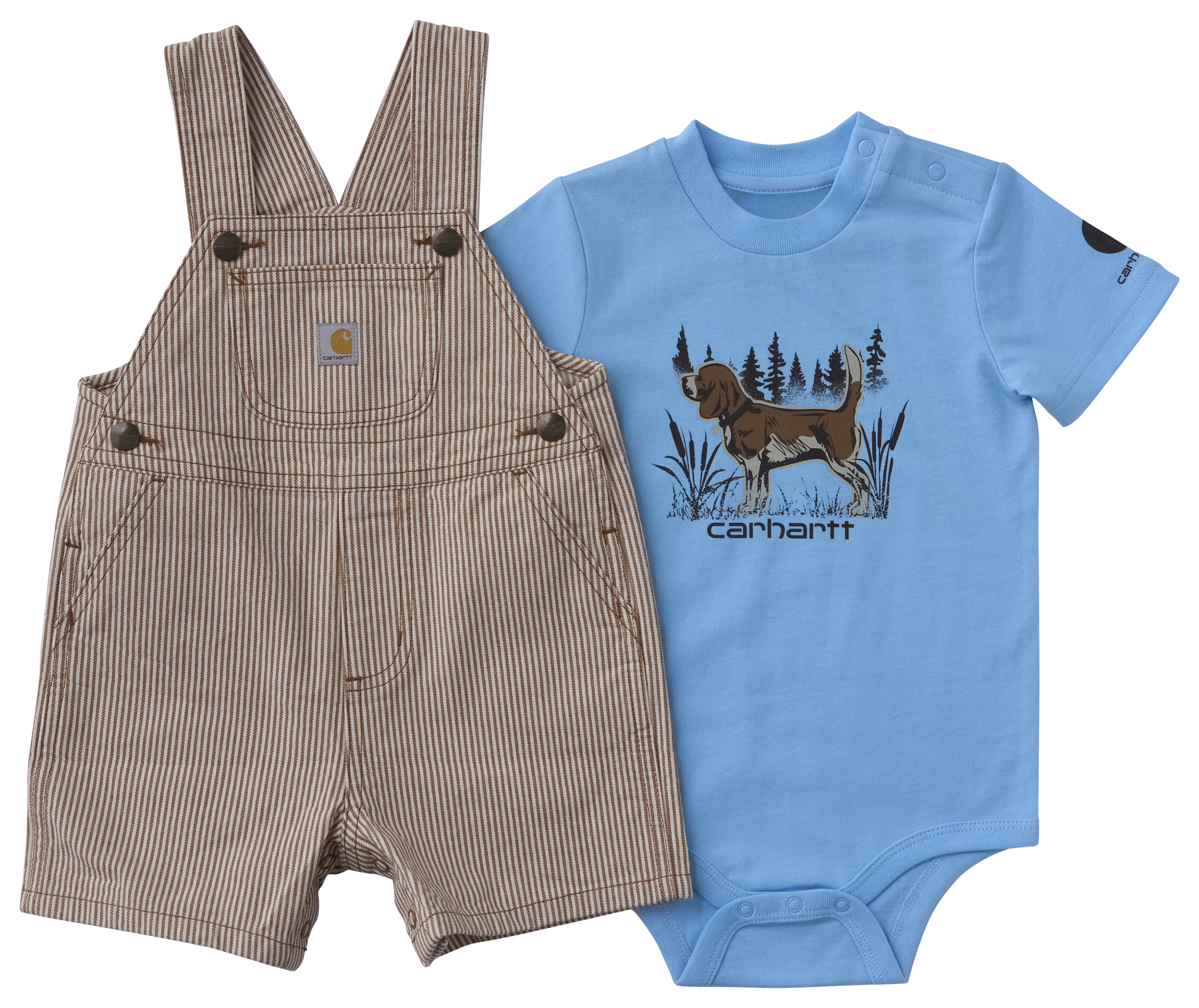 Image of Carhartt Dog Short-Sleeve Bodysuit and Striped Shortalls 2-Piece Set for Babies - Carhartt Brown