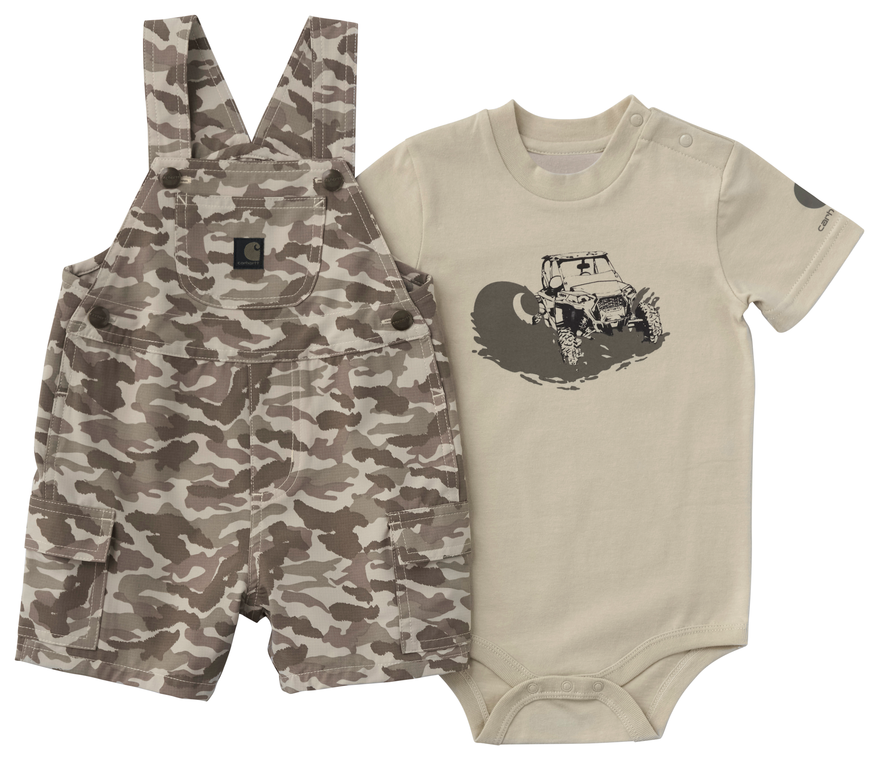 Image of Carhartt Off-Road Graphic Short-Sleeve Bodysuit and Camo Shortalls 2-Piece Set for Babies