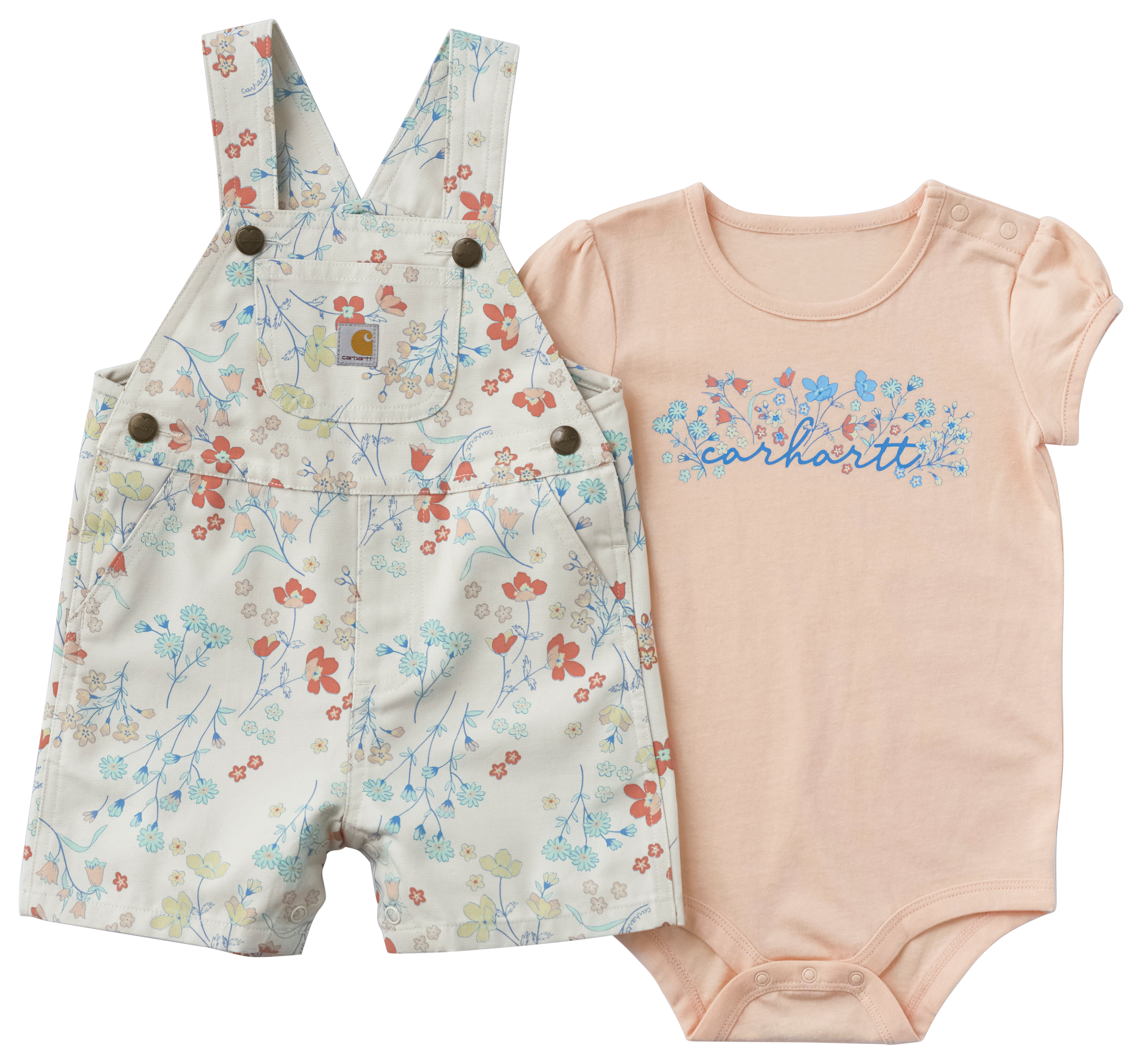 Image of Carhartt Floral Short-Sleeve Bodysuit and Canvas Shortalls 2-Piece Set for Babies - Turtledove - 18 Months