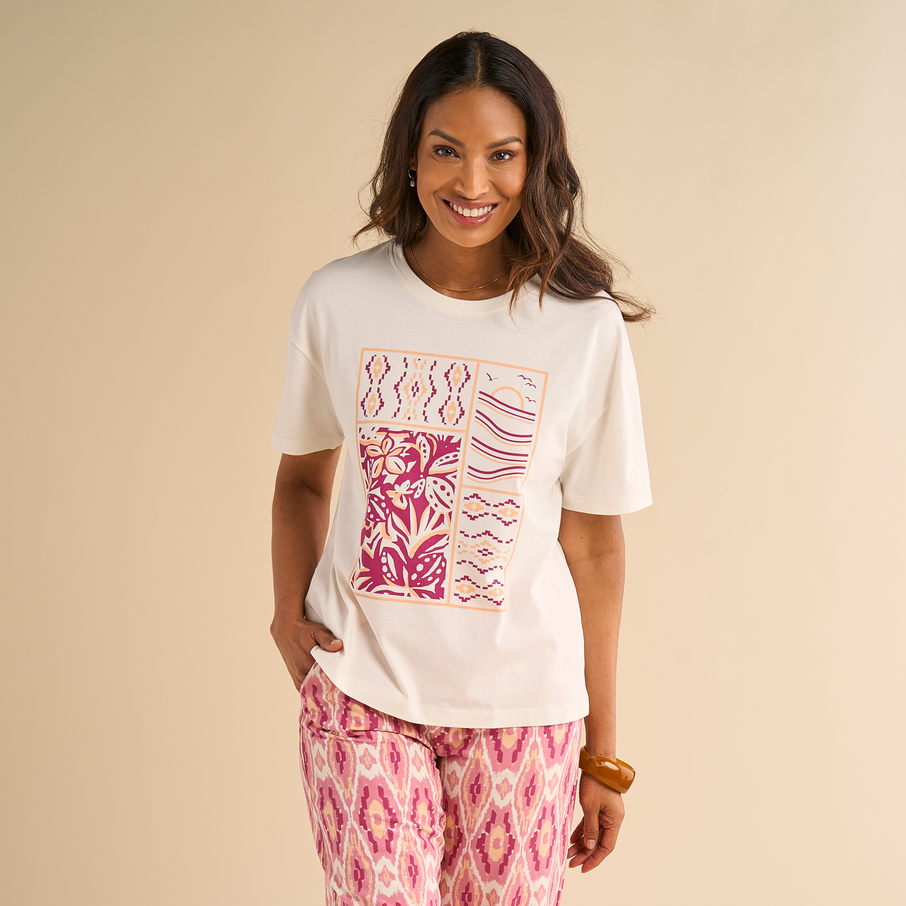 Image of Natural Reflections Tribal Summer Graphic Short-Sleeve T-Shirt - Egret