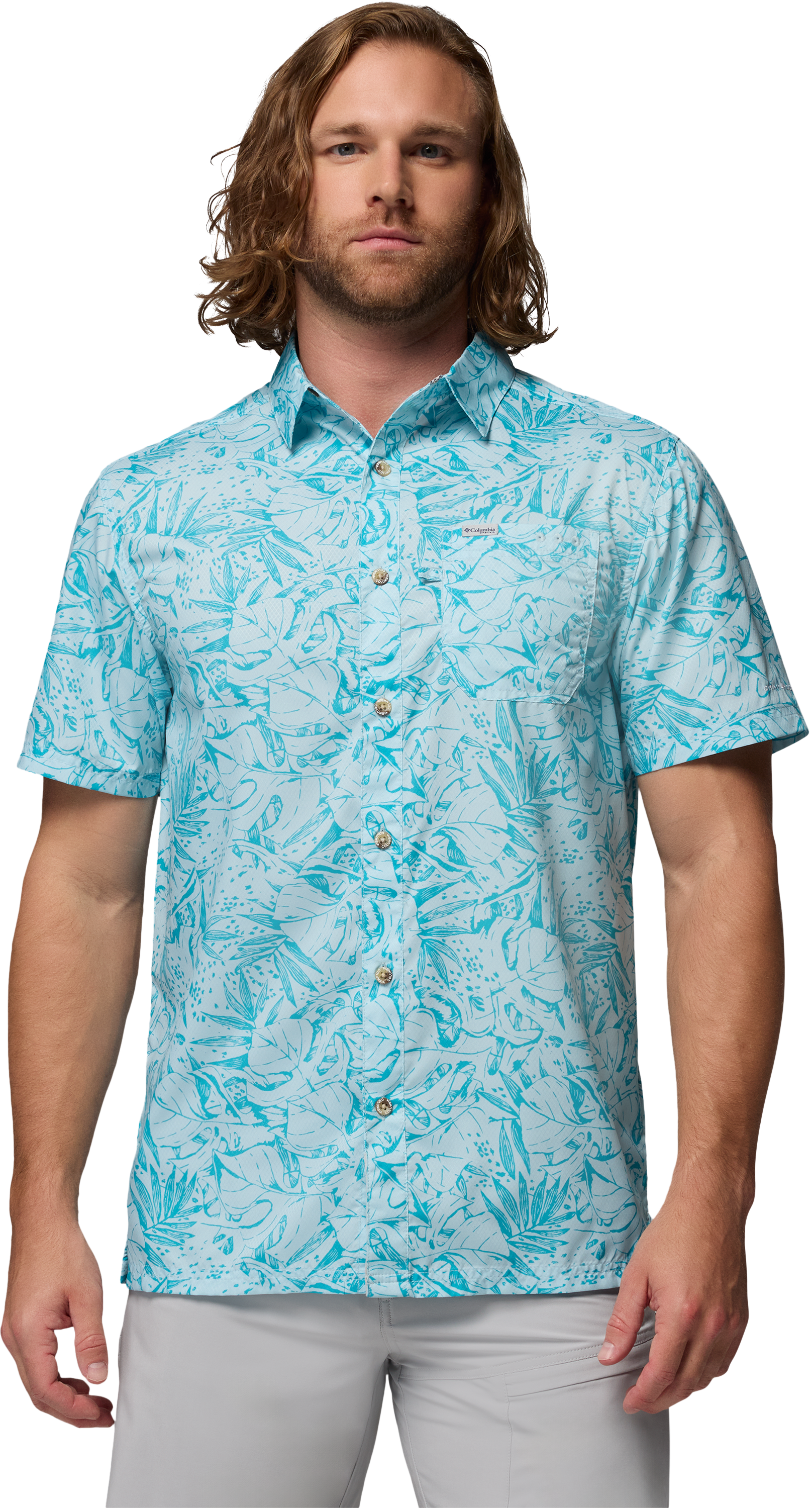 Image of Columbia Super Slack Tide Camp Short-Sleeve Button-Down Shirt - Ocean Teal Leoleaves