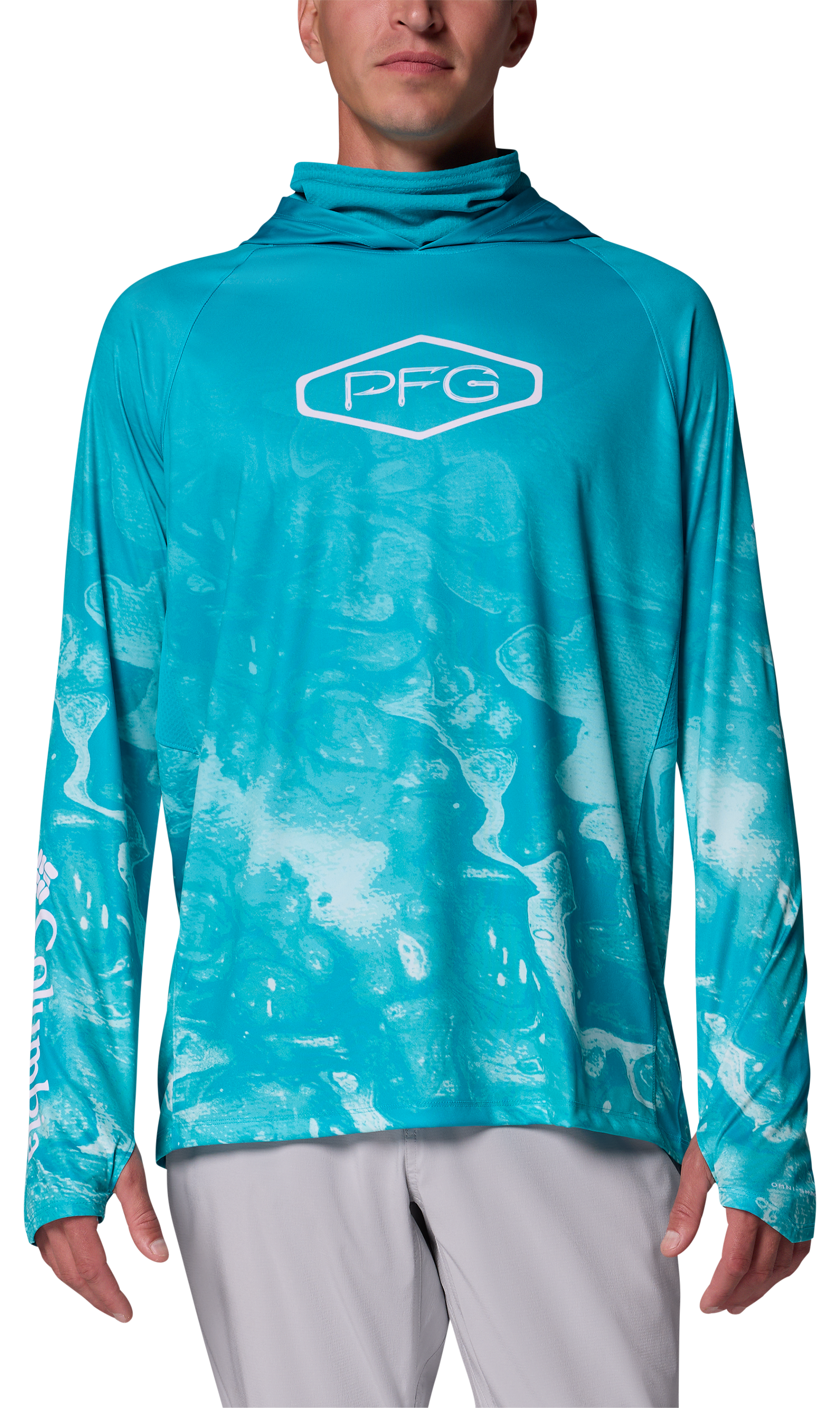Image of Columbia PFG Super Terminal Tackle Vented Hoodie - Ocean Teal Aerials Fade