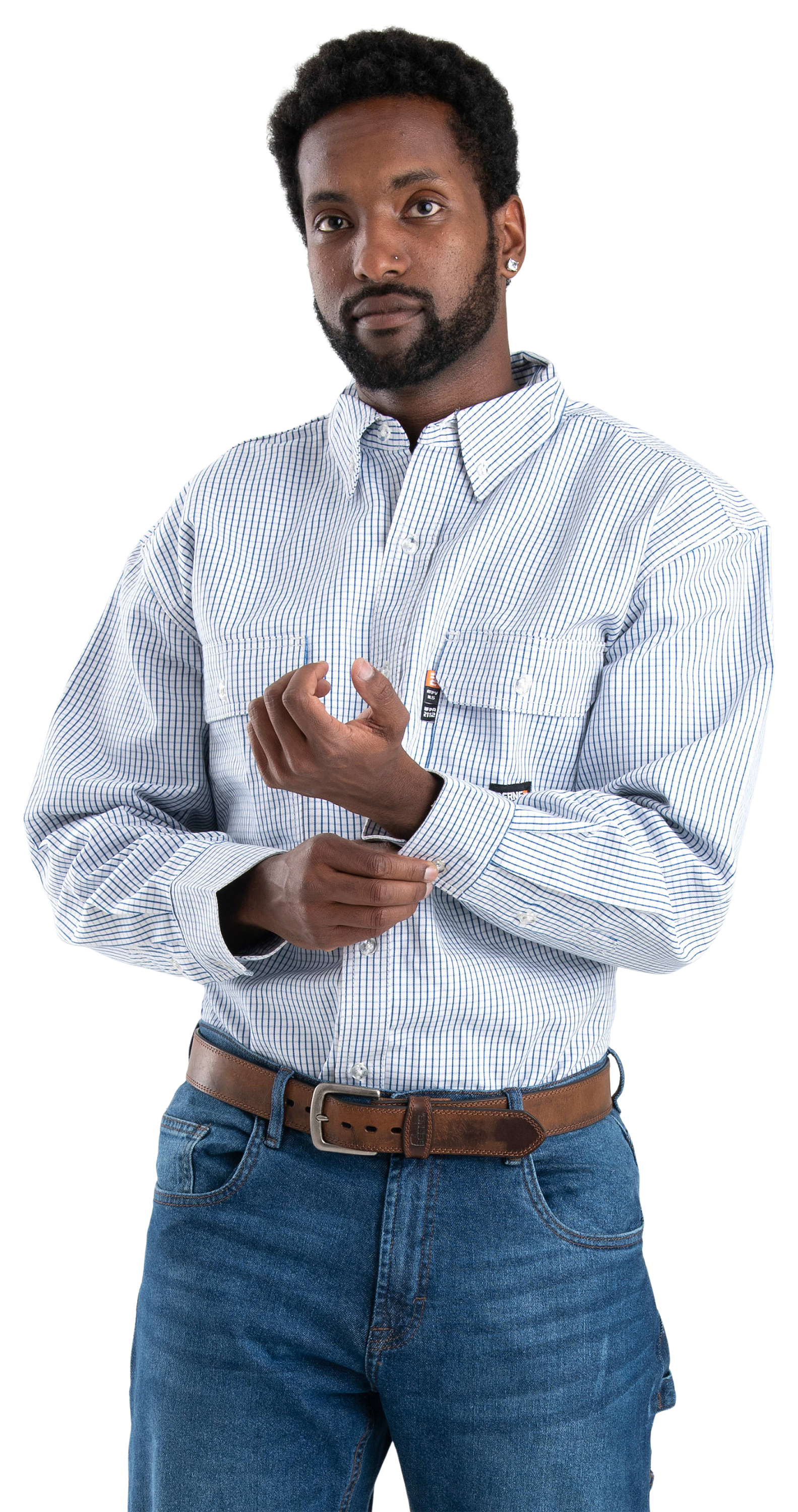 Image of Berne Flame-Resistant Plaid Long-Sleeve Button-Down Shirt - Navy