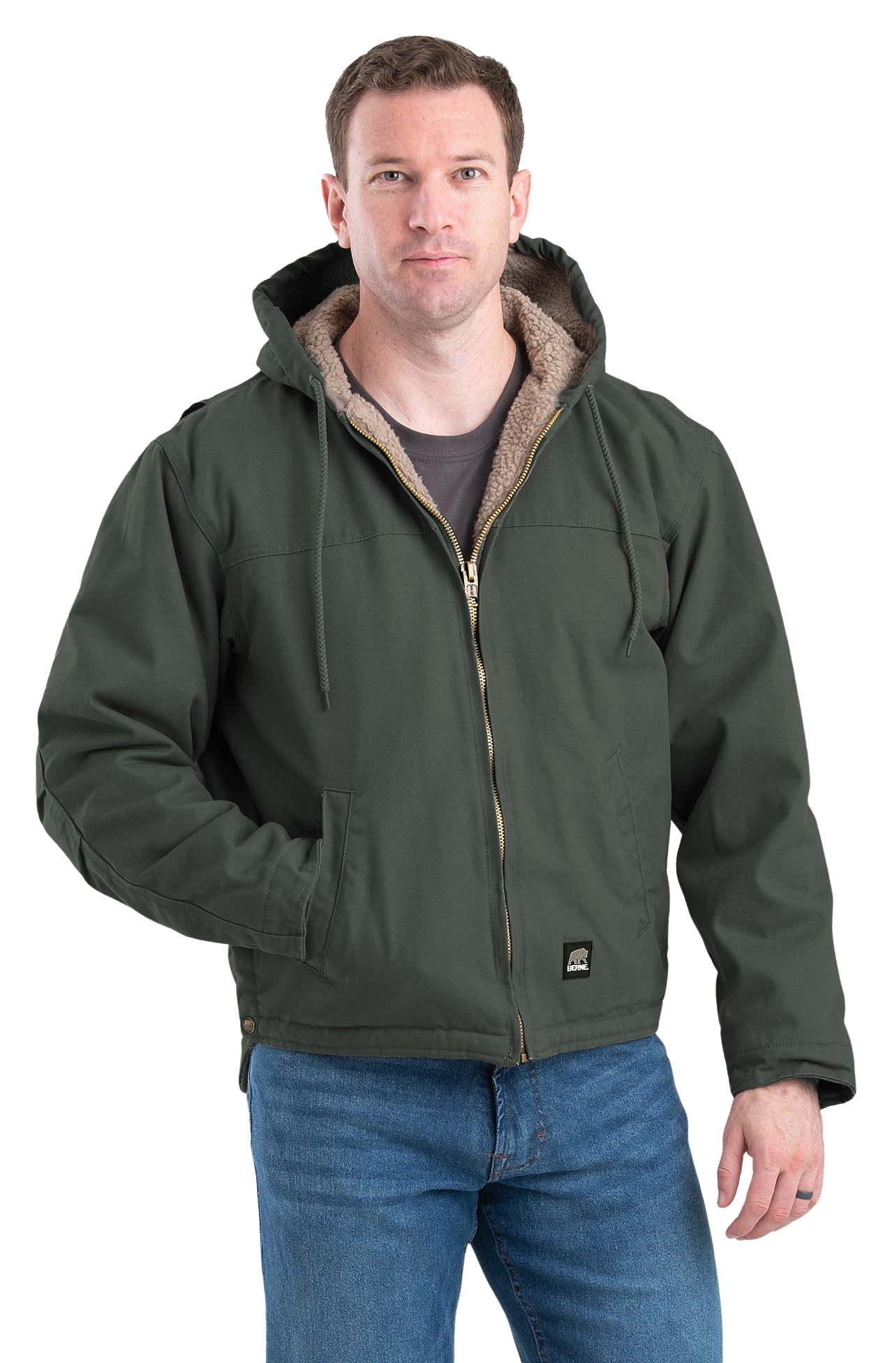 Image of Berne Heartland Washed Duck Hooded Work Coat for Men - Moss