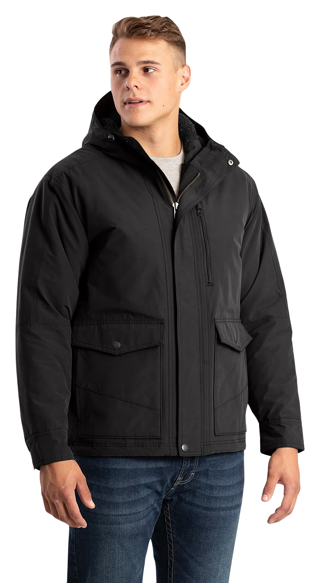 Image of Berne Quilt-Lined Micro-Duck Hooded Work Coat - Black - L
