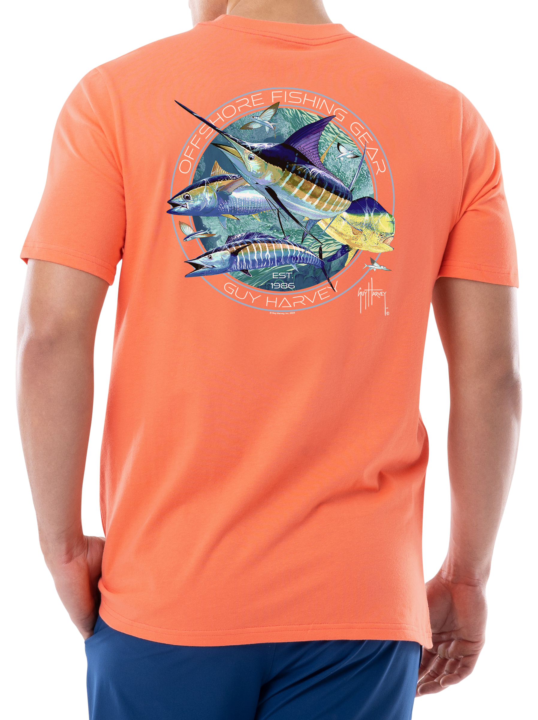 Image of Guy Harvey Harbor Lite Vintage Four Short-Sleeve Pocket T-Shirt - Living Coral
