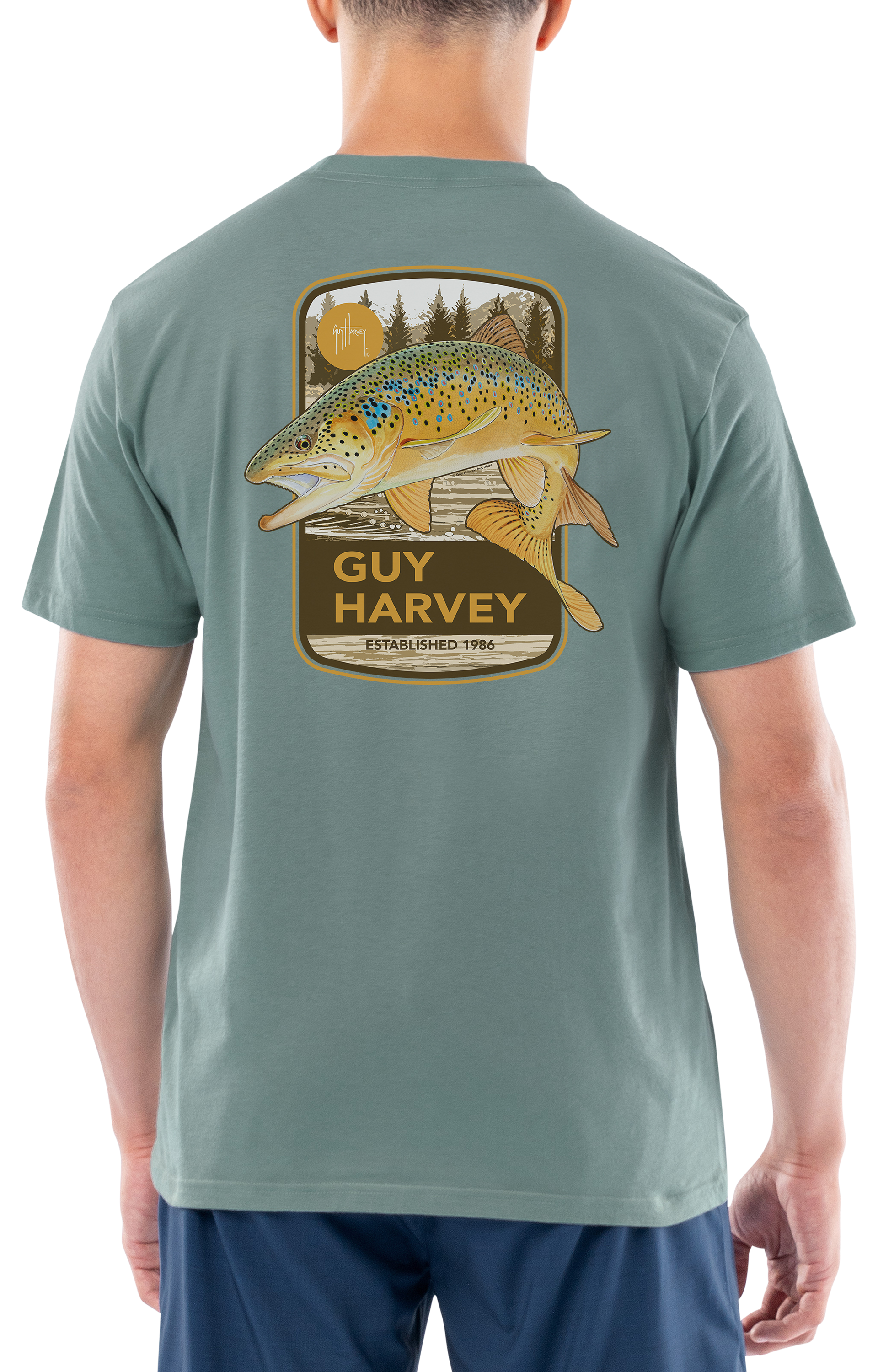 Image of Guy Harvey Brown Trout Sign Short-Sleeve T-Shirt - Blue Surf