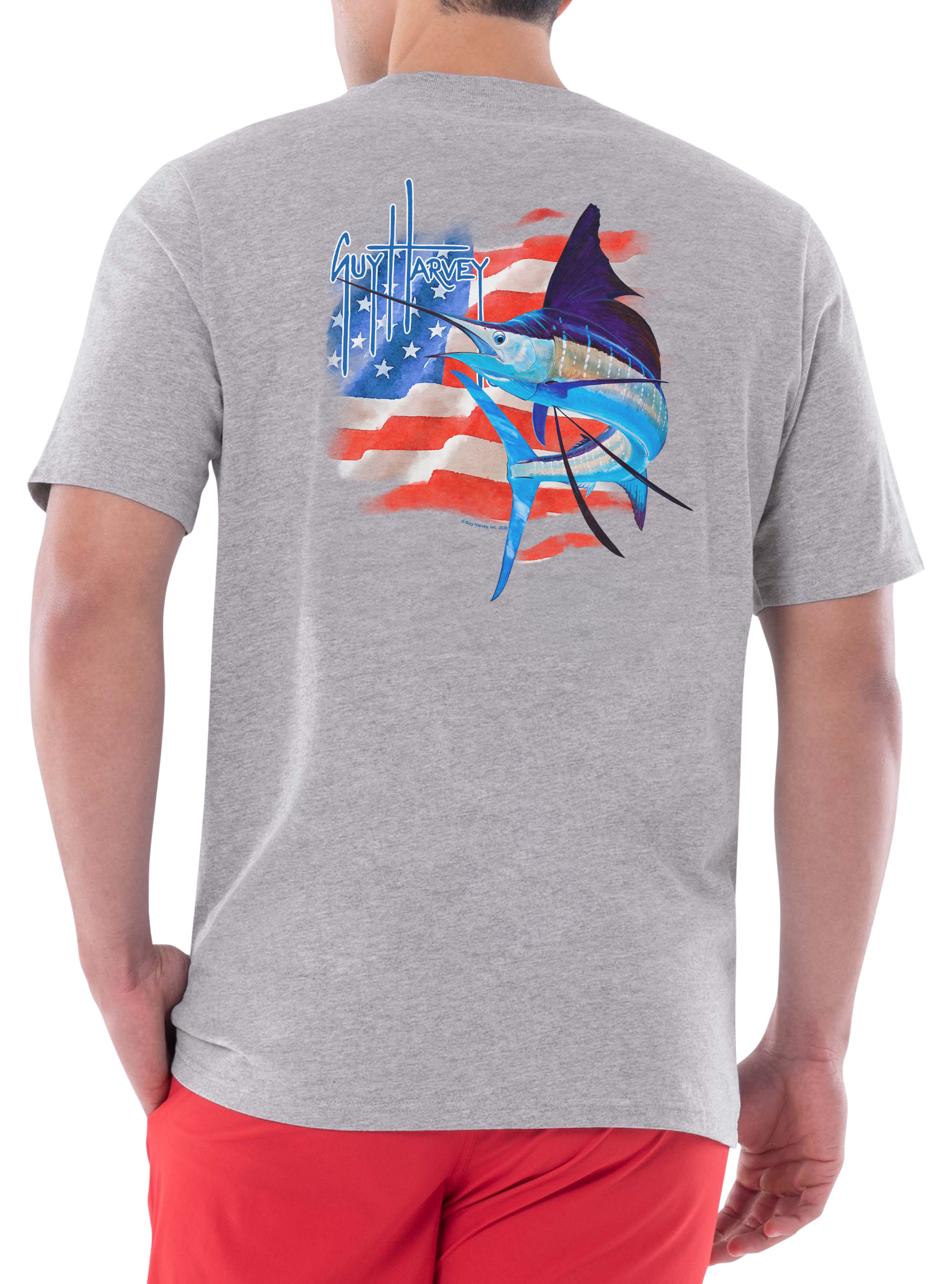 Image of Guy Harvey Patriotic Flag Sailfish Graphic Short-Sleeve T-Shirt - Sport Grey Heather