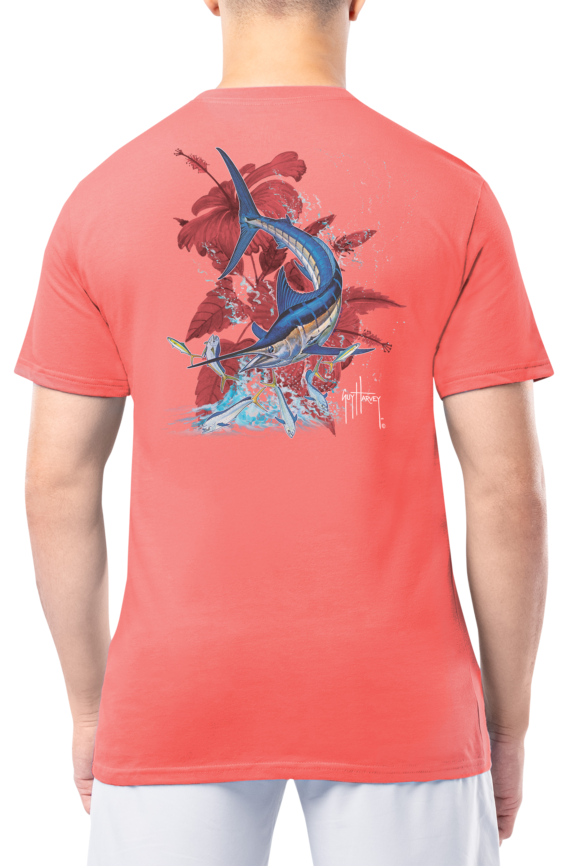Image of Guy Harvey Marlin Springs Short-Sleeve Pocket T-Shirt for Men - Spiced Coral