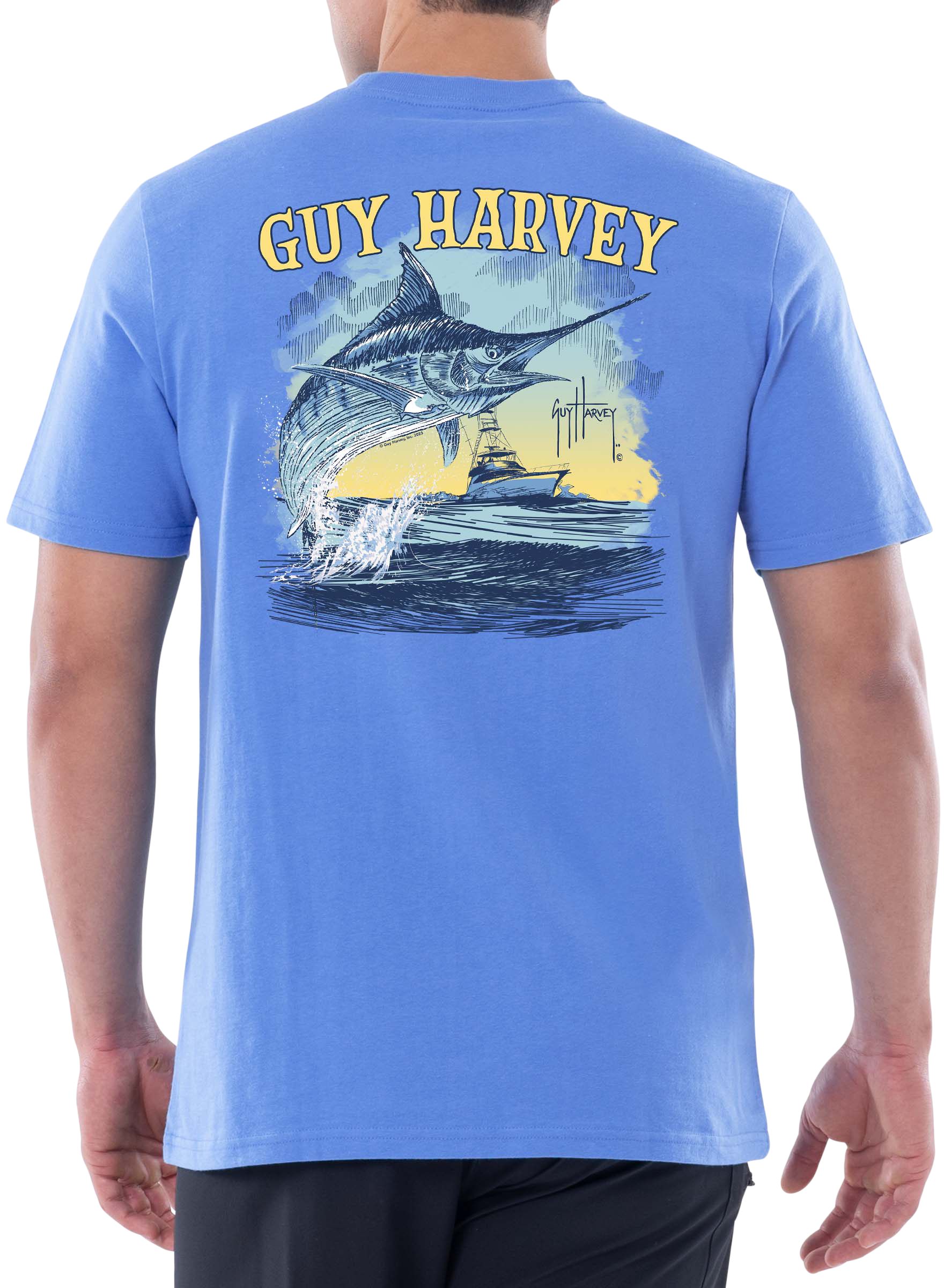 Image of Guy Harvey Sketchy Blue Marlin OG Short-Sleeve Pocket T-Shirt - Azure Blue