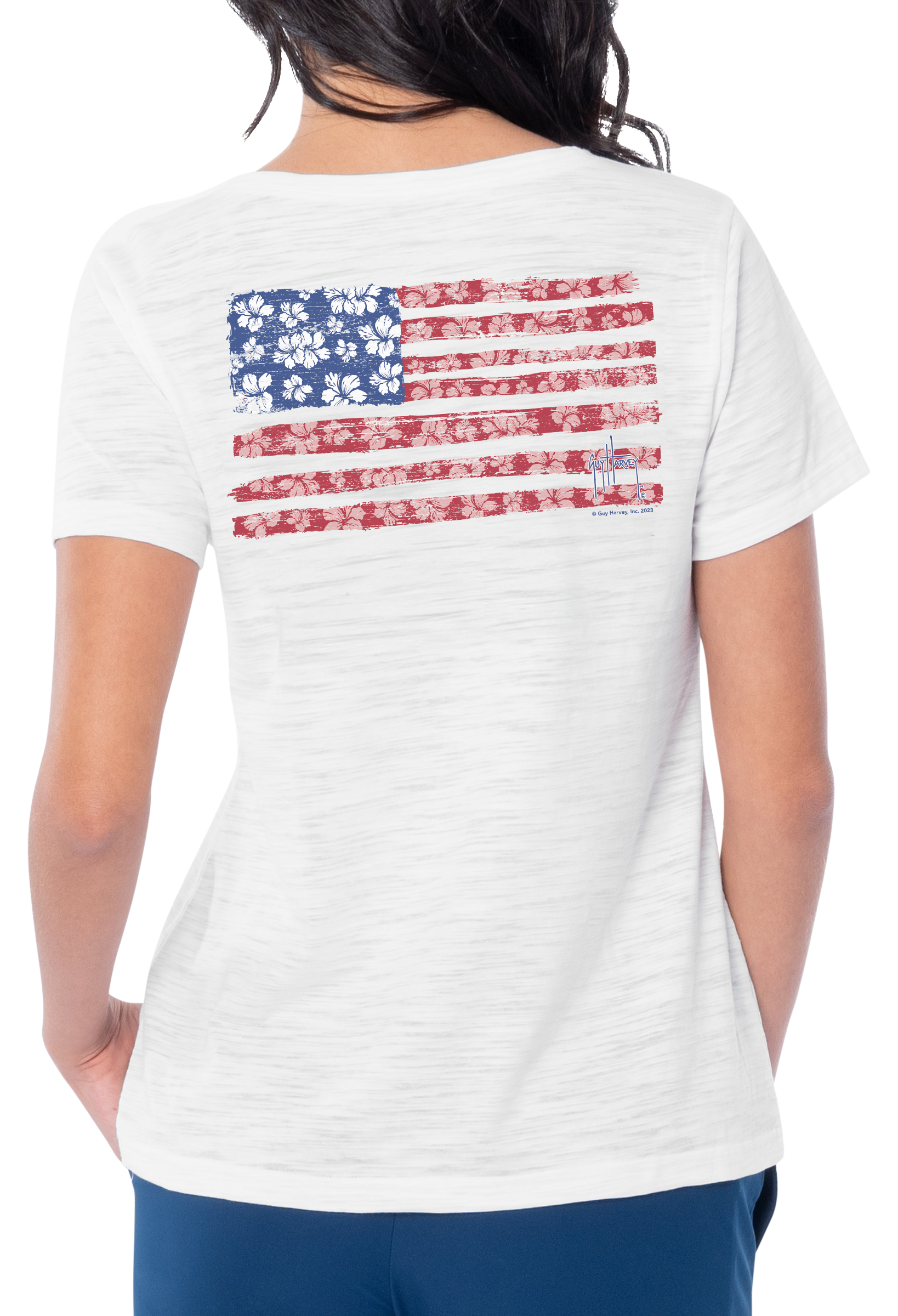 Image of Guy Harvey American Floral V-Neck Short-Sleeve T-Shirt - Bright White