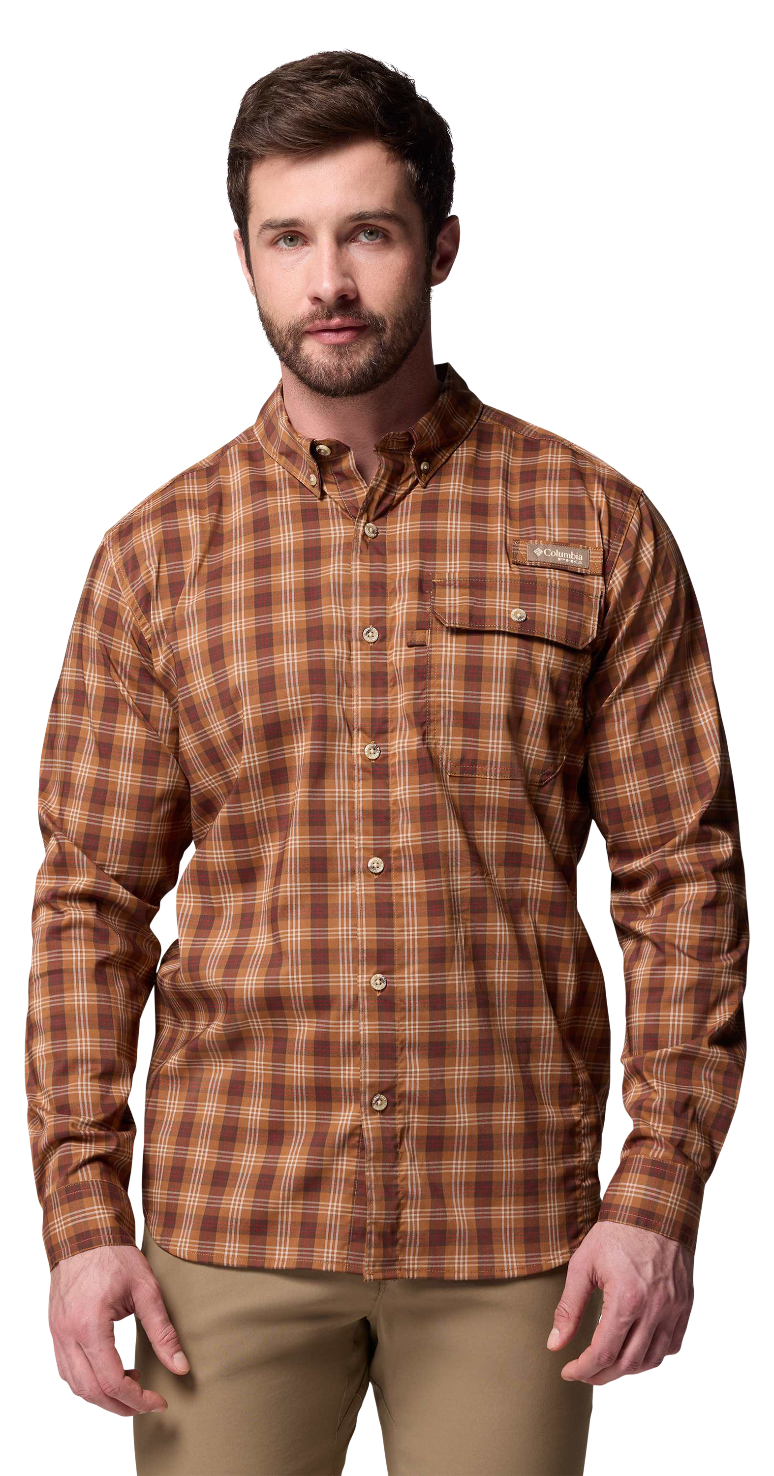 Image of Columbia Sharptail Yarn-Dye Long-Sleeve Shirt - Camel Brown Triple Check
