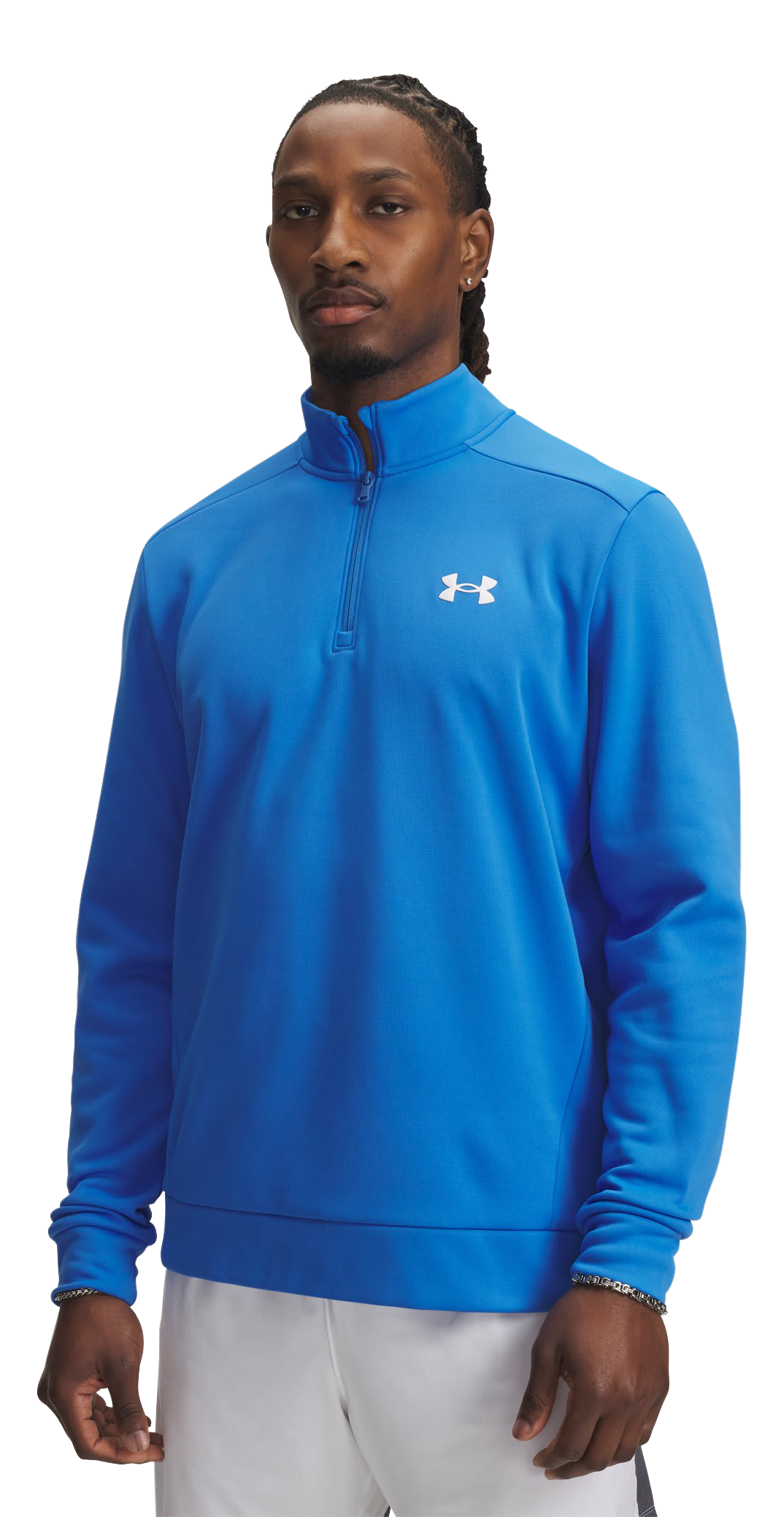 Image of Under Armour Fleece Quarter-Zip Long-Sleeve Pullover for Men - Blue Atlantis/White