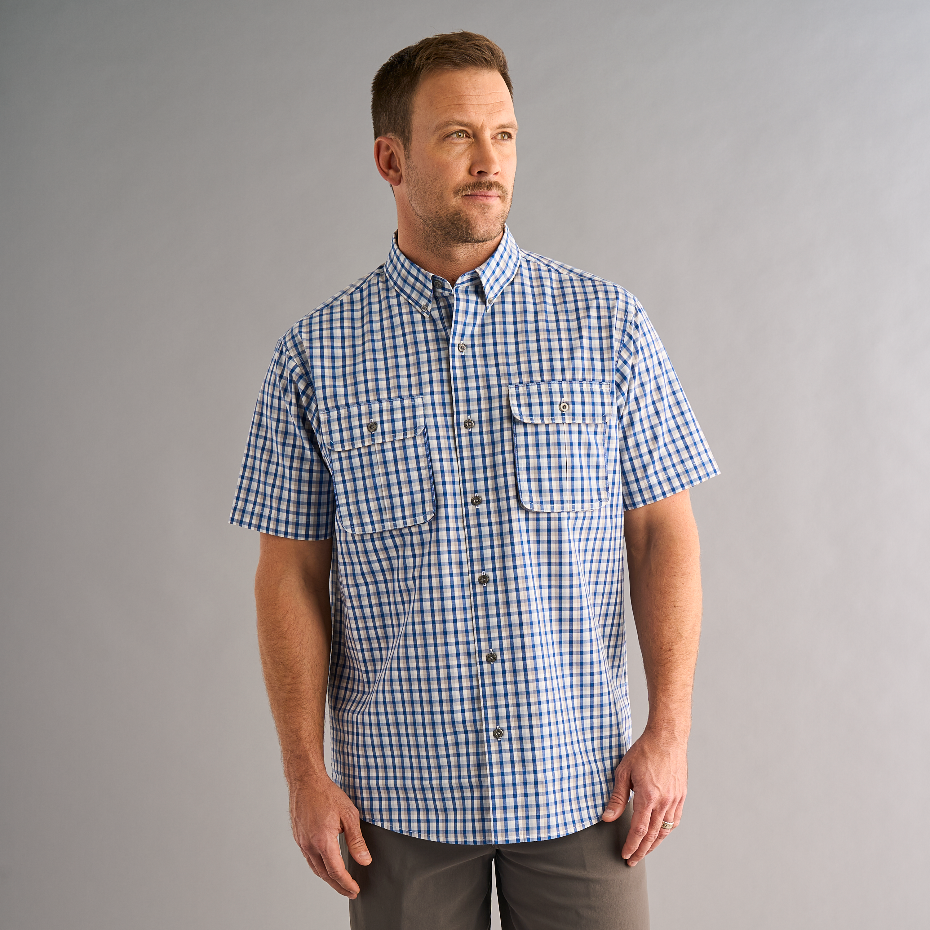 Image of RedHead Spring River Plaid Short-Sleeve Button-Down Shirt - Blue Quartz Check