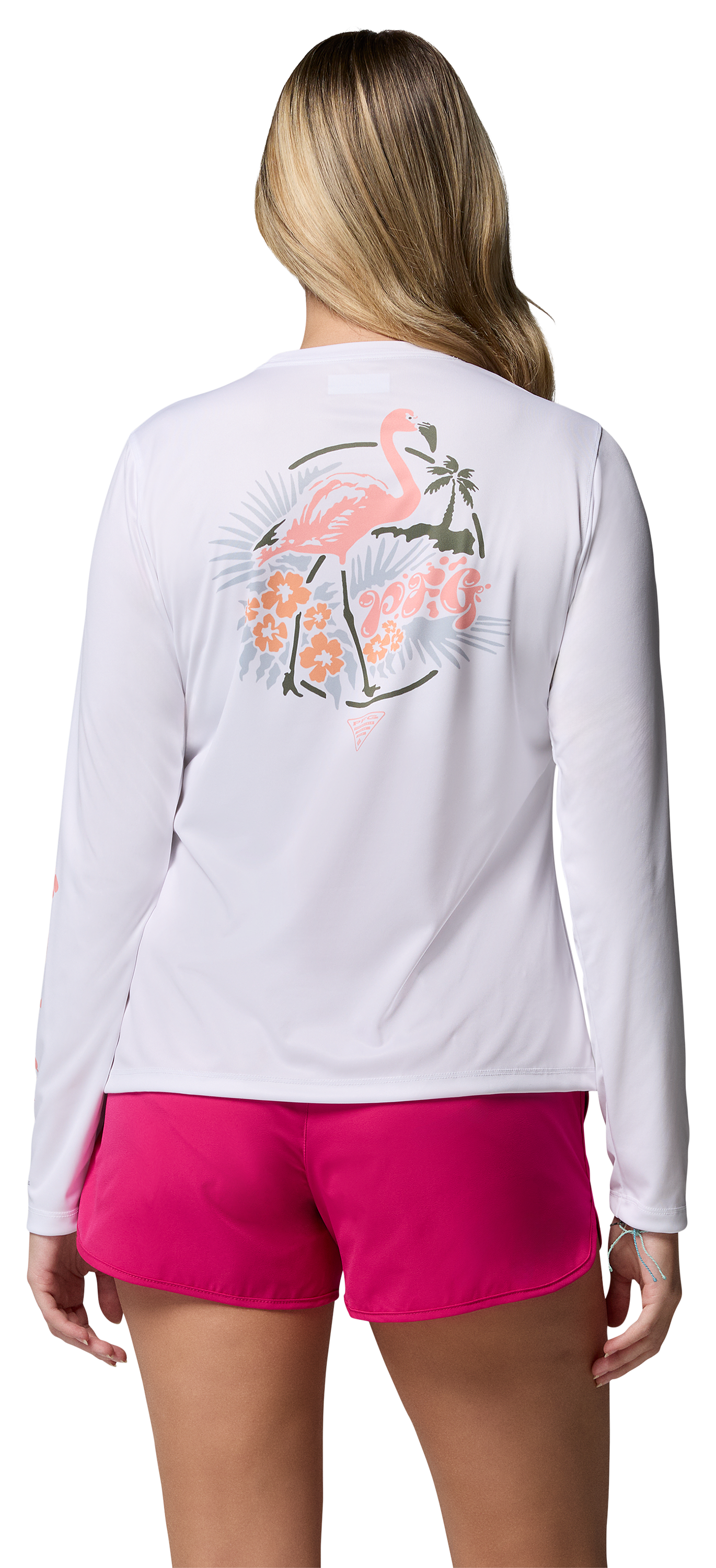 Image of Columbia PFG Tidal Tee Palm Waves Flamingo Graphic Long-Sleeve Shirt - White/Flamingo Isle