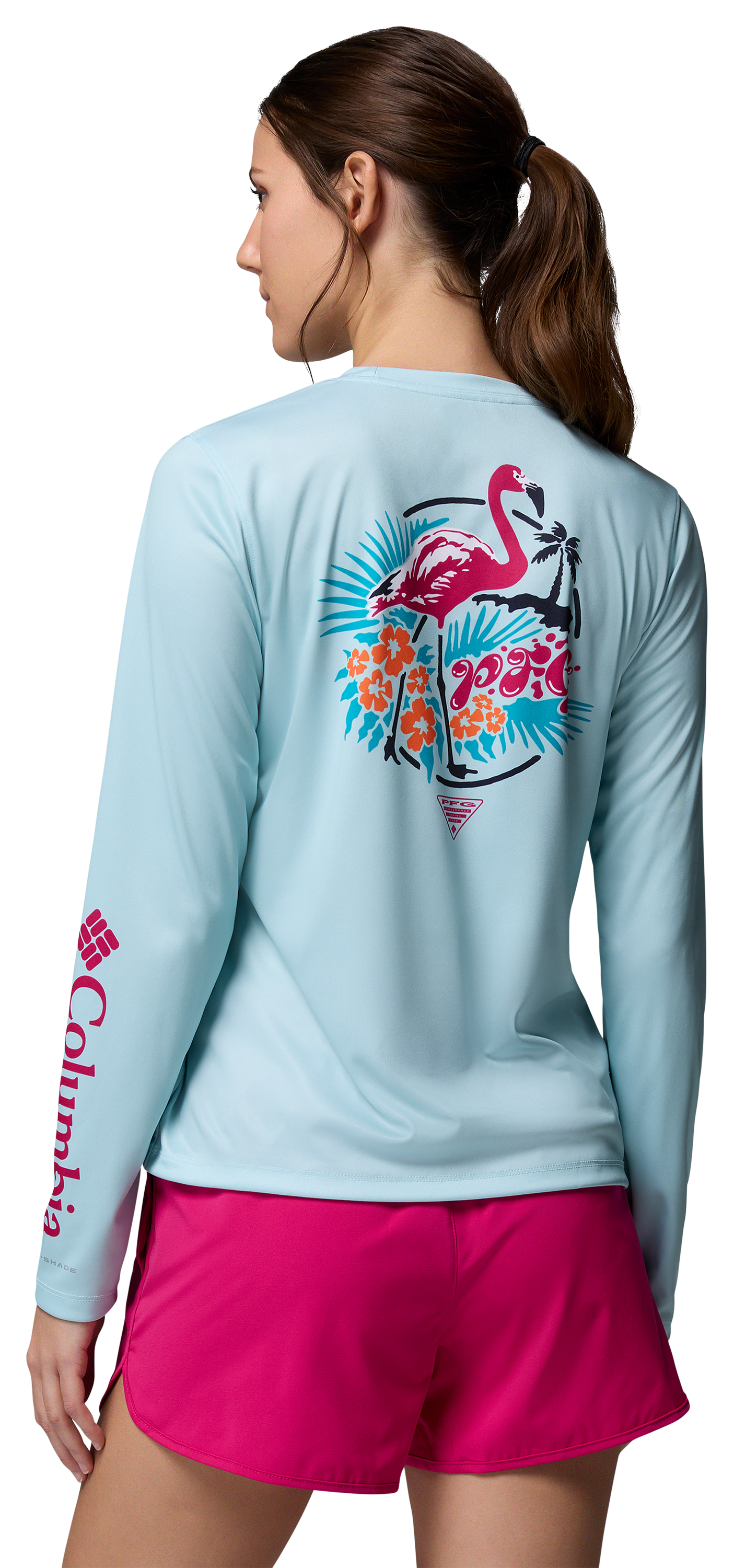 Image of Columbia PFG Tidal Tee Palm Waves Flamingo Graphic Long-Sleeve Shirt - Marine Light/Flamingo Isle - XL