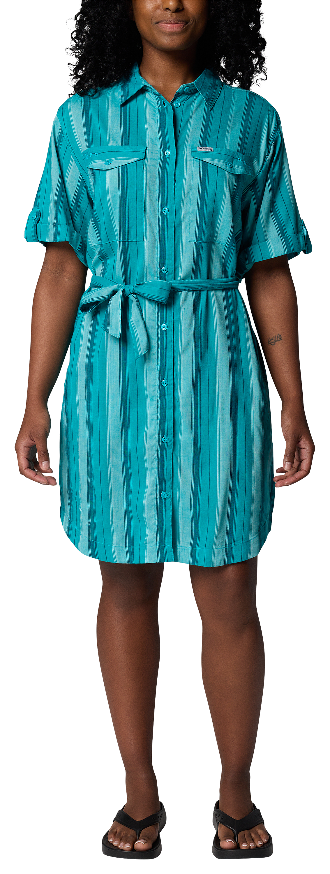 Image of Columbia PFG Open Water Shift Dress - Ocean Teal/Lowtide Stripe