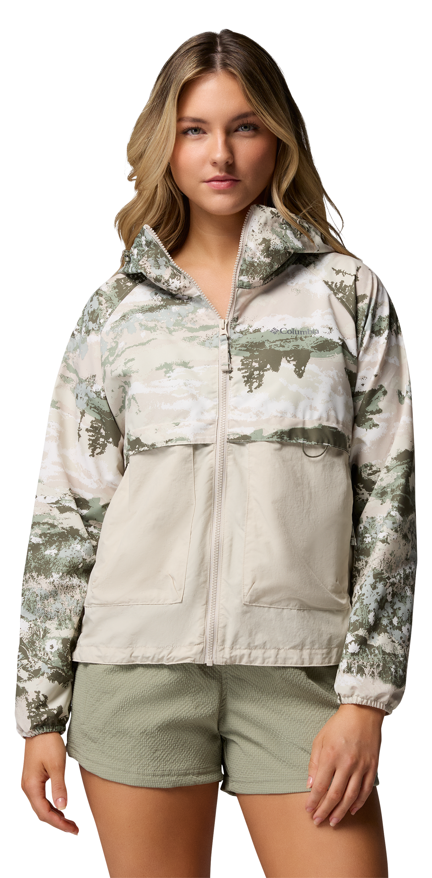 Image of Columbia Spire Valley Windbreaker - Safari Fieldaze Print/Dark Stone