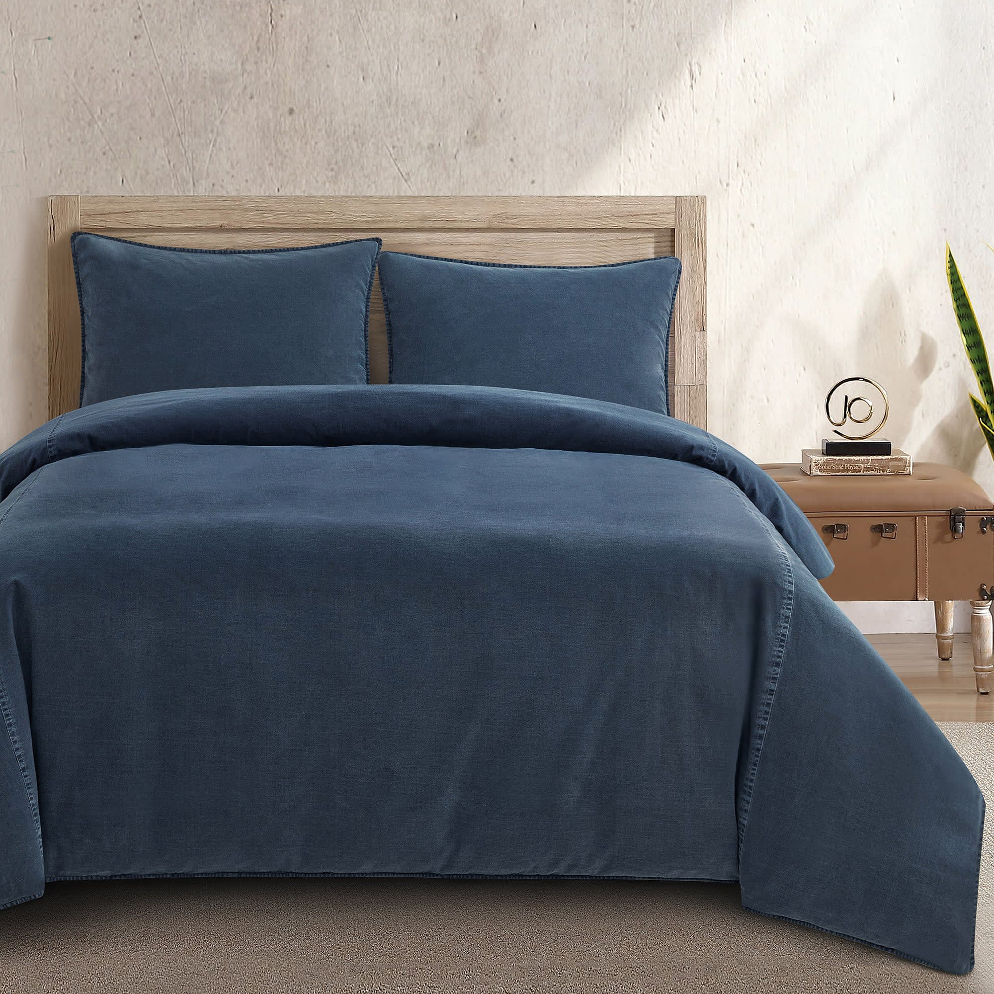 Image of HiEnd Accents Stonewashed Cotton-Canvas Duvet Cover Bedding Set - Denim - Queen