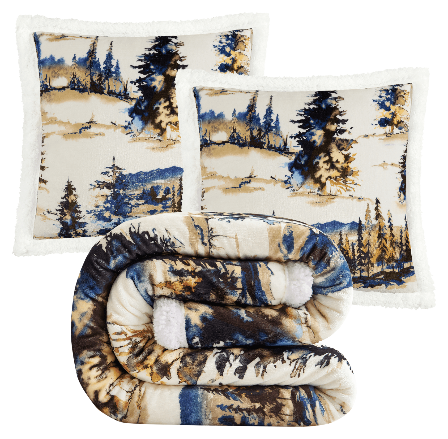 Image of HiEnd Accents Acadia Campfire Sherpa Throw Blanket and Pillows 3-Piece Set