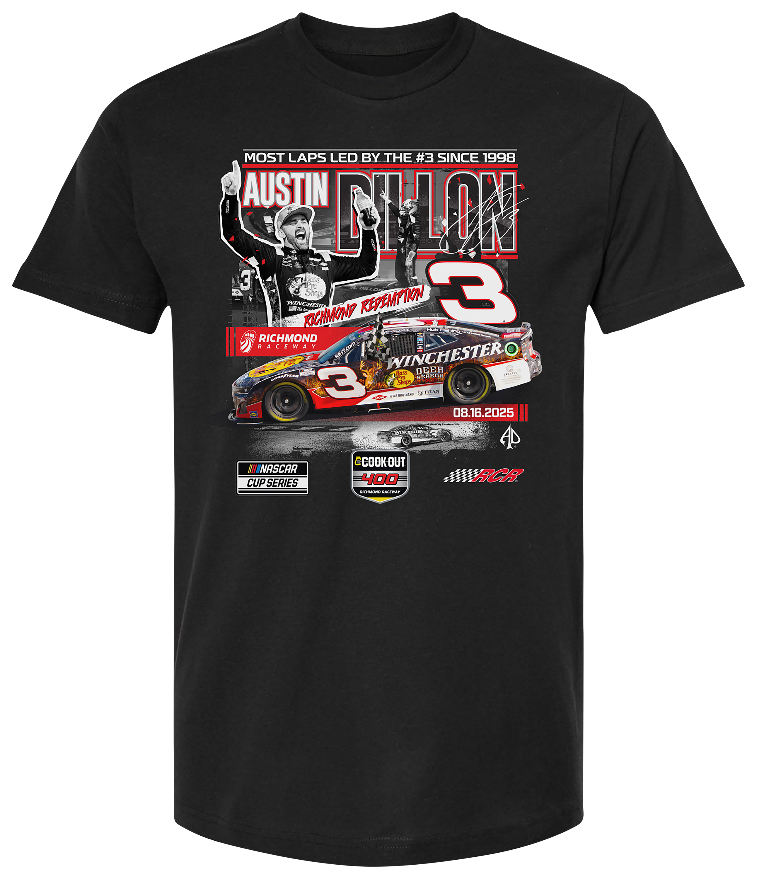 Image of NASCAR Austin Dillon #3 Richmond Win Short-Sleeve T-Shirt - Black - XL