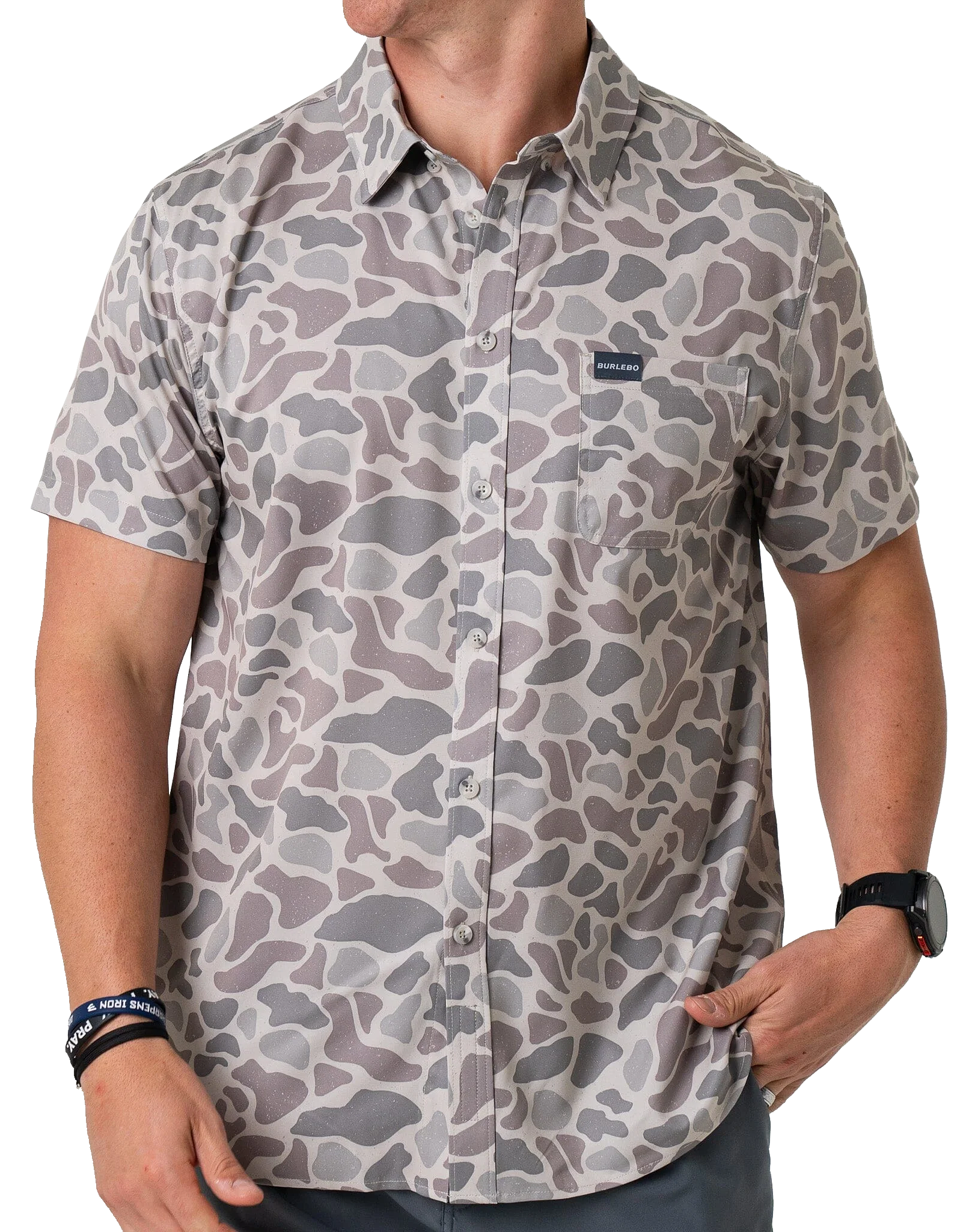 Image of BURLEBO Performance Button-Up Short-Sleeve Shirt - Classic Deer Camo