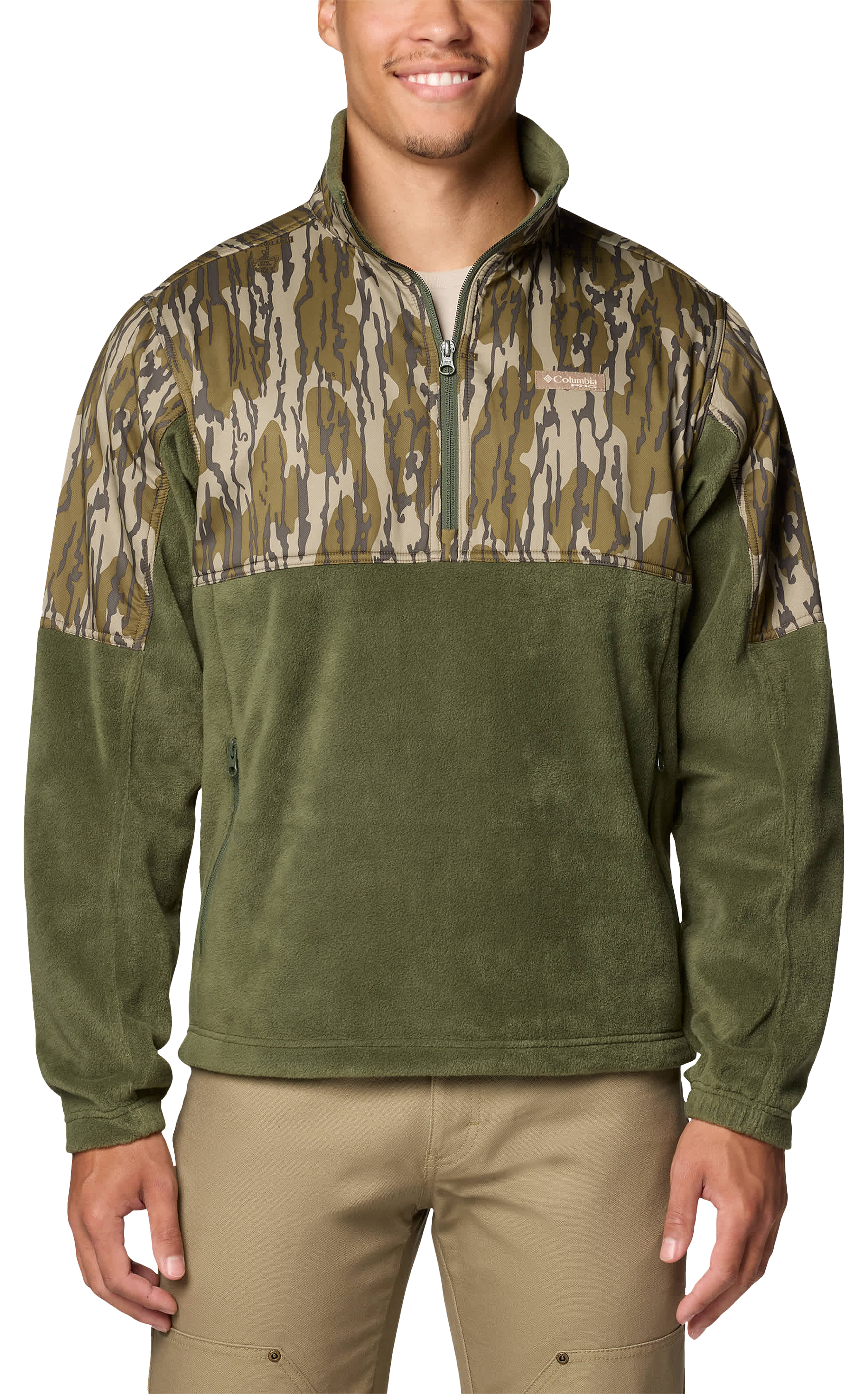 Image of Columbia PHG Fleece Overlay II Quarter-Zip Pullover for Men - Surplus Green/Mossy Oak Bottomland