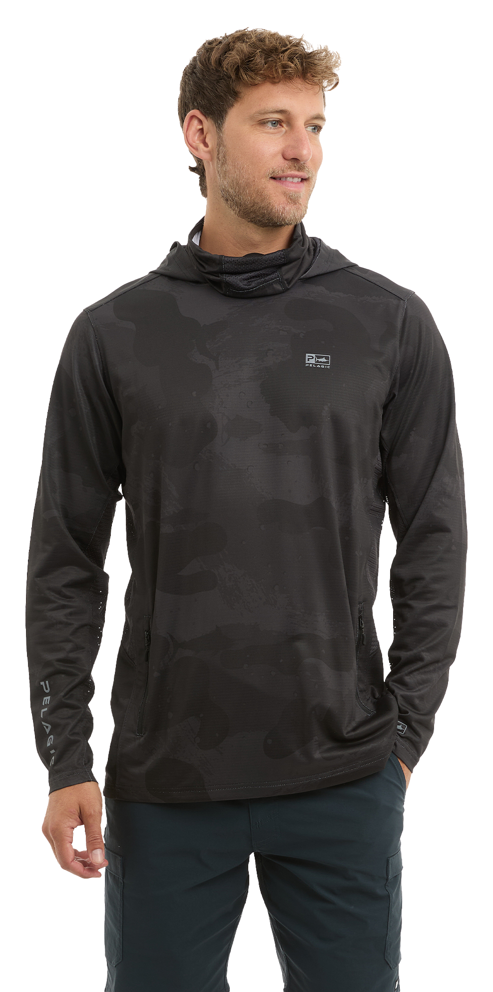 Image of Pelagic Exo-Tech Brush Camo Hooded Long-Sleeve Fishing Shirt - Black