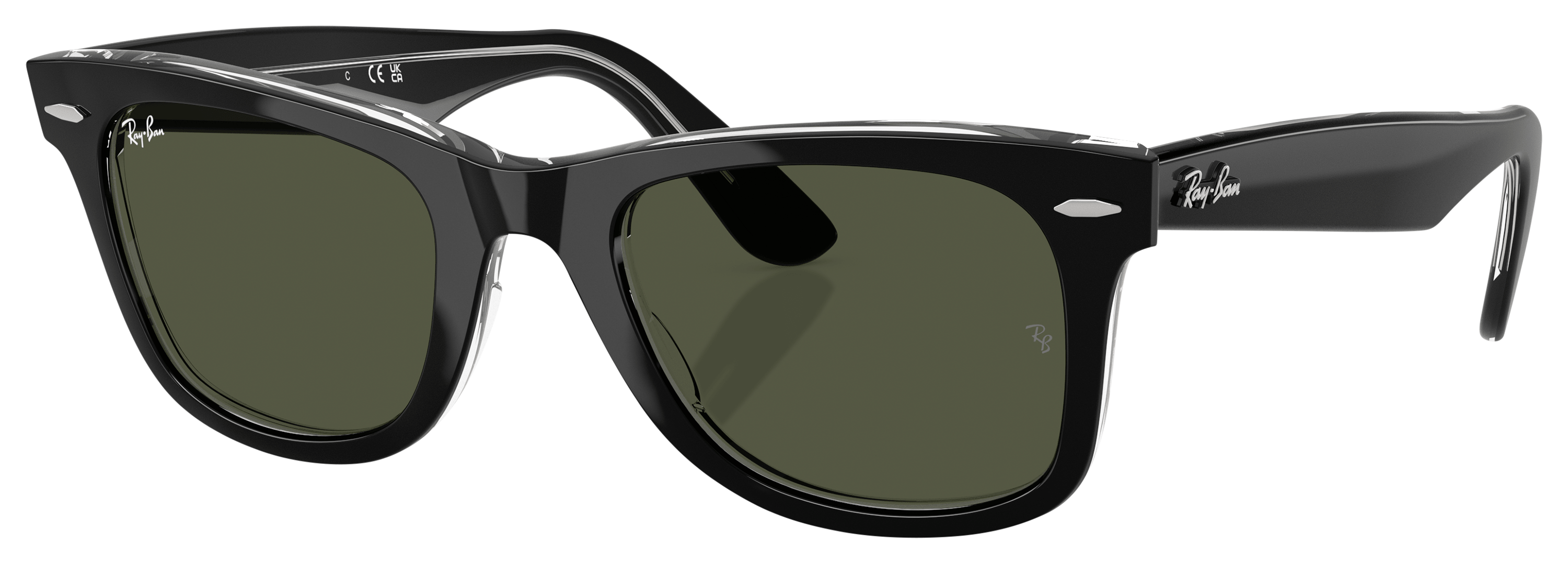 Image of Ray-Ban Original Wayfarer Classic RB2140 Glass Sunglasses - Polished Black on Transparent/Green Classic - Large