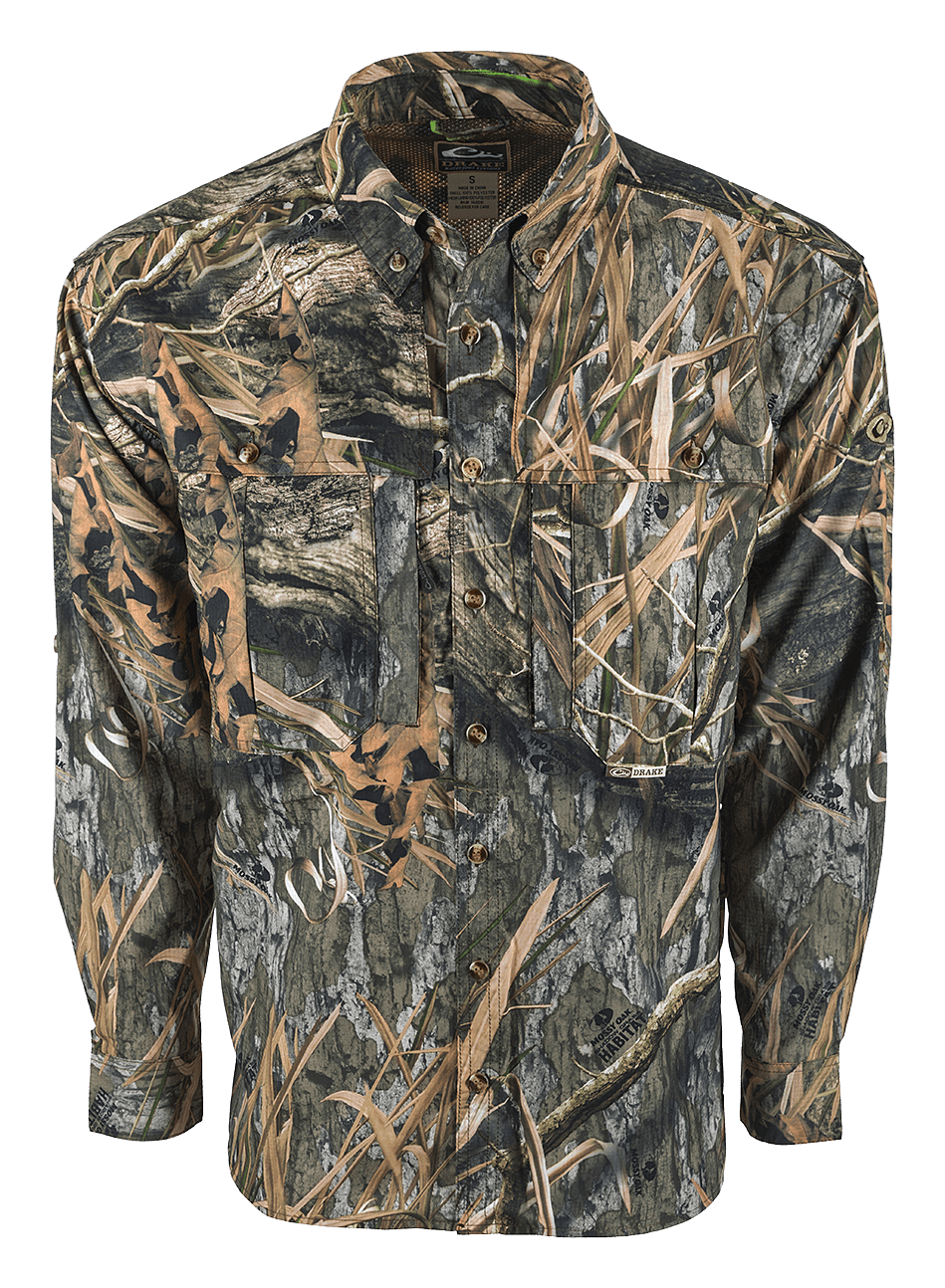 Image of Drake Waterfowl Flyweight Wingshooter Button-Down Shirt - Mossy Oak Shadow Grass Habitat - 2XL