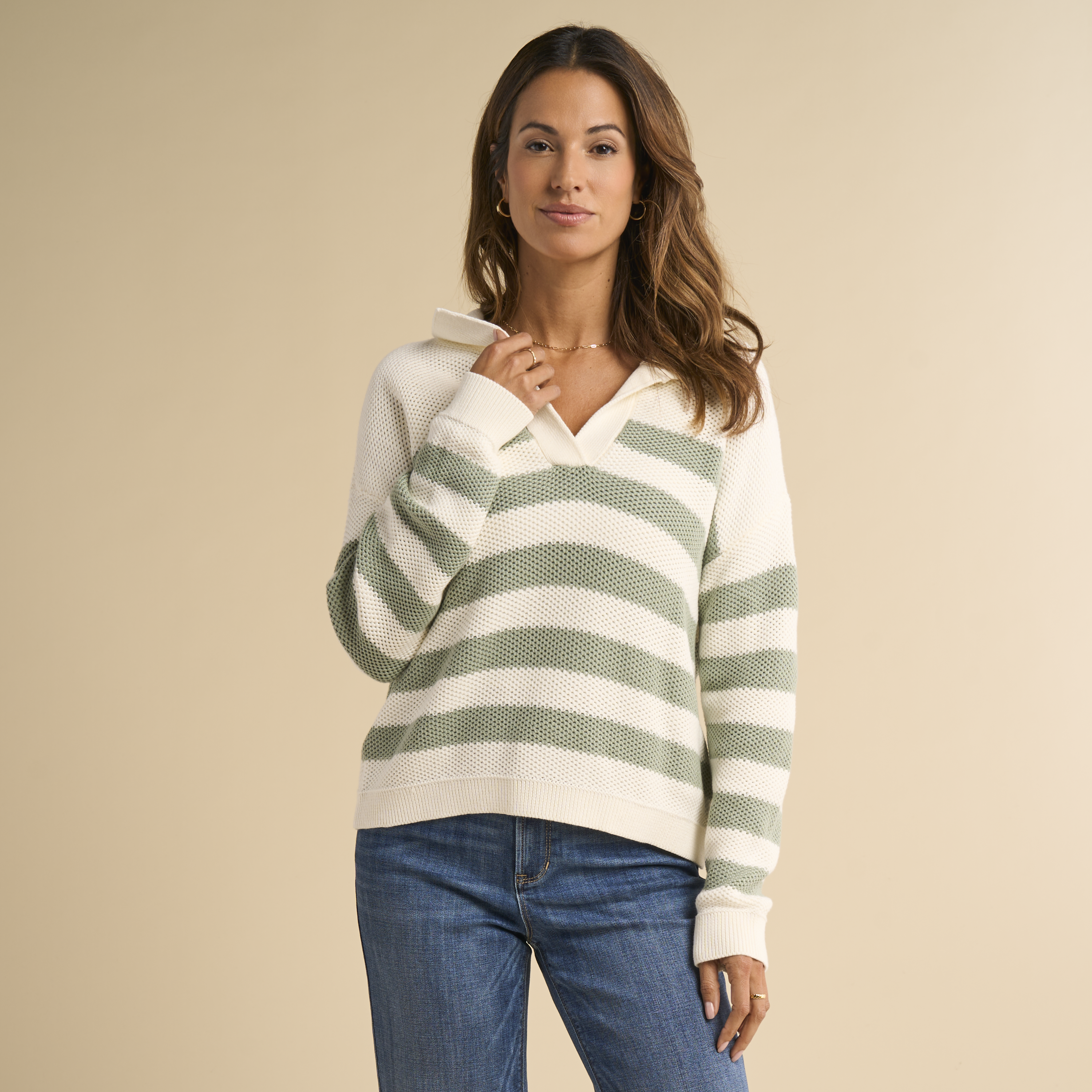 Image of Natural Reflections Riviera Collared Long-Sleeve Sweater - Iceberg Green